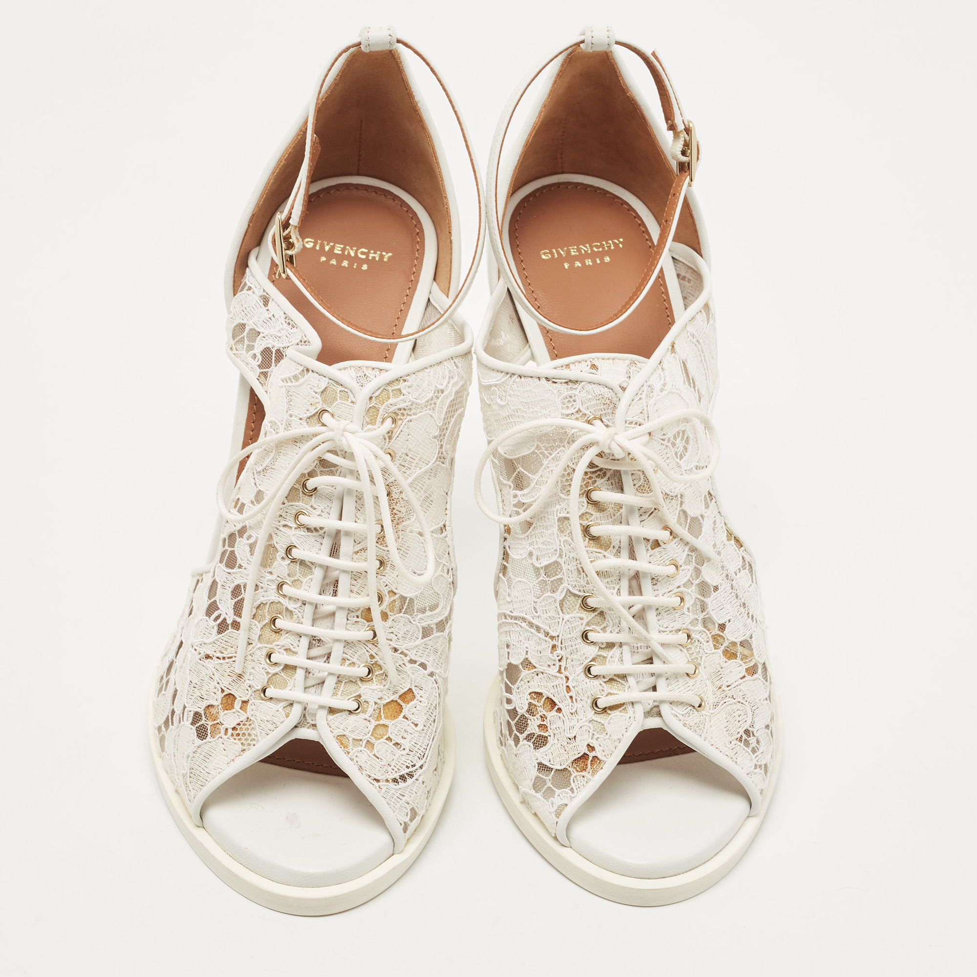 Givenchy White Lace And Leather Lace Up Ankle Strap Sandals Size 38