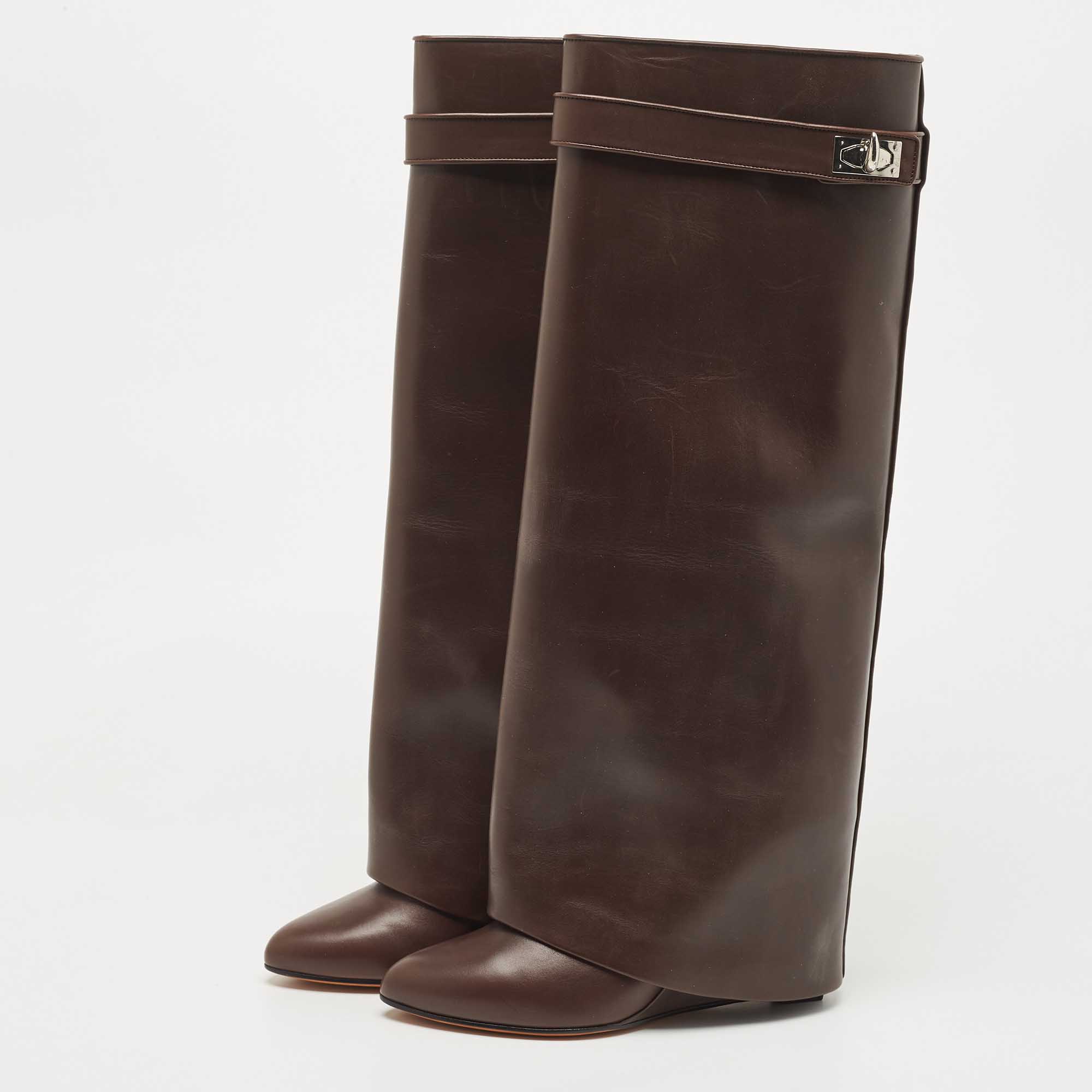 

Givenchy Brown Leather Shark Lock Wedge Knee High Boots Size