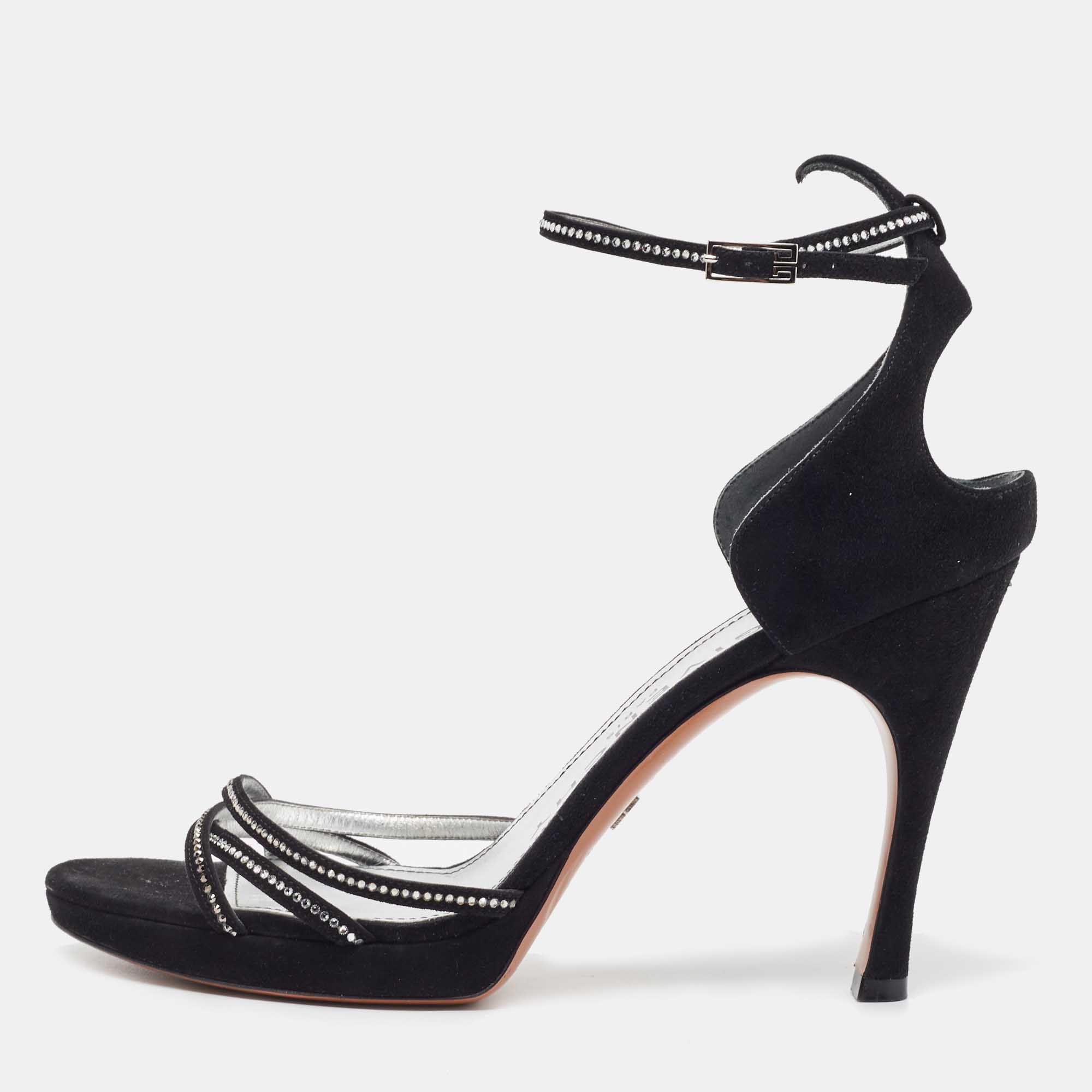 Givenchy black suede crystal embellished strappy sandals size 40