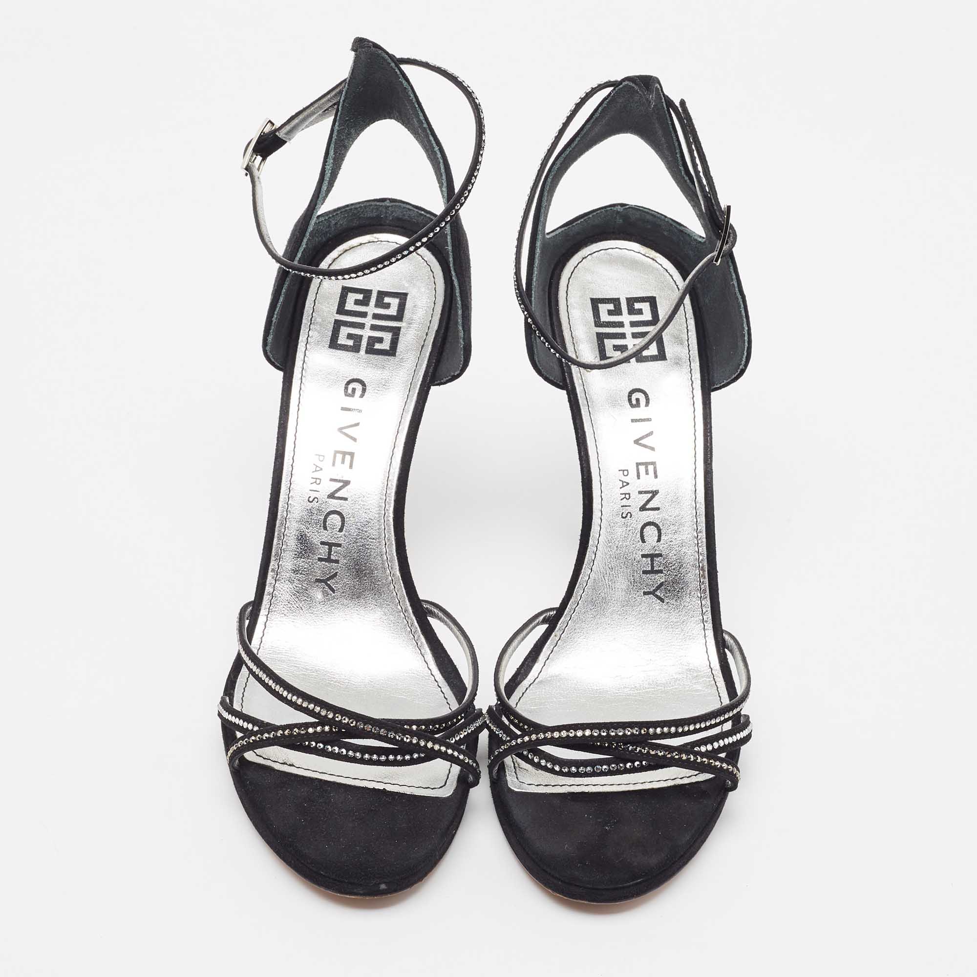 Givenchy Black Suede Crystal Embellished Strappy Sandals Size 40