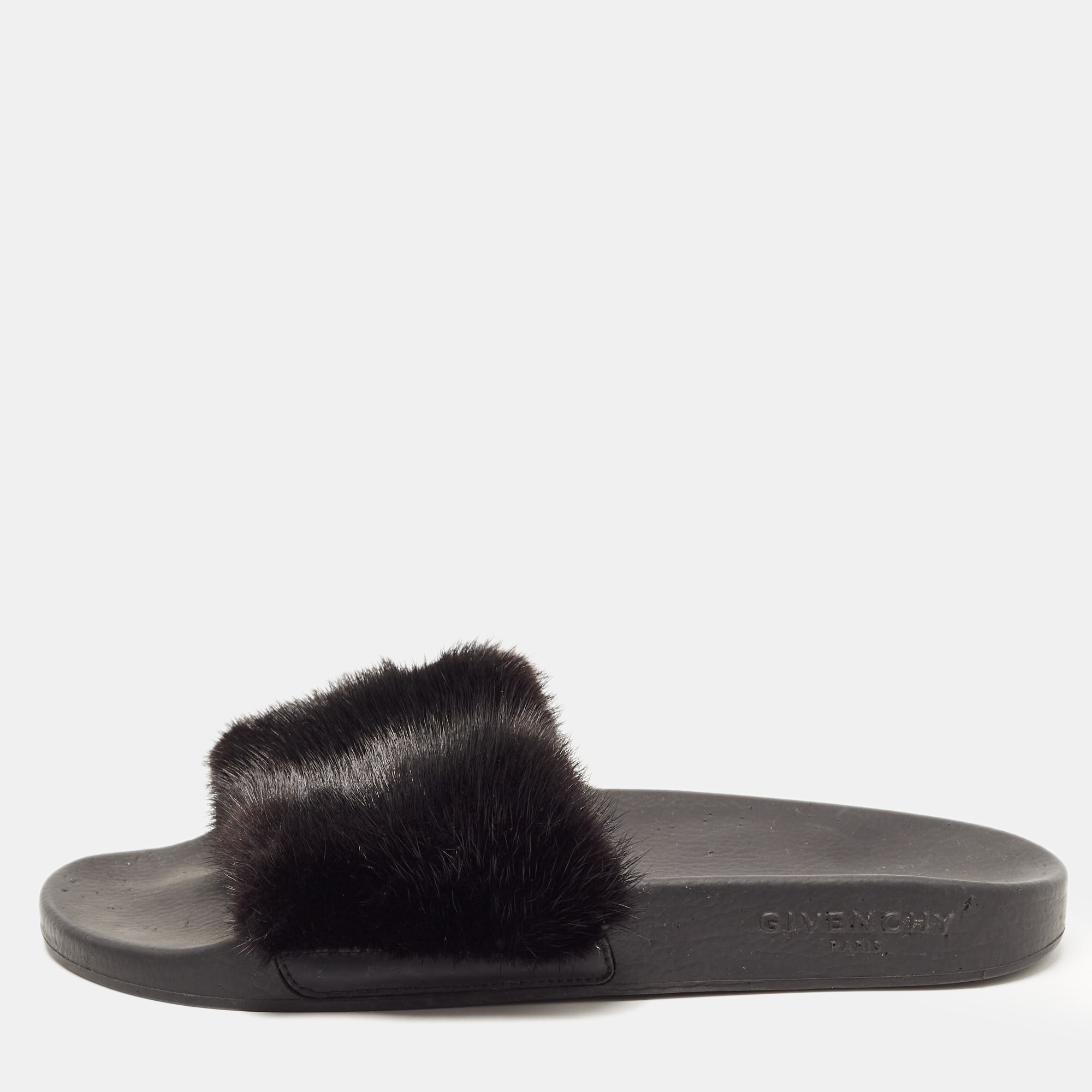 Givenchy black mink fur pool slide sandals size 39