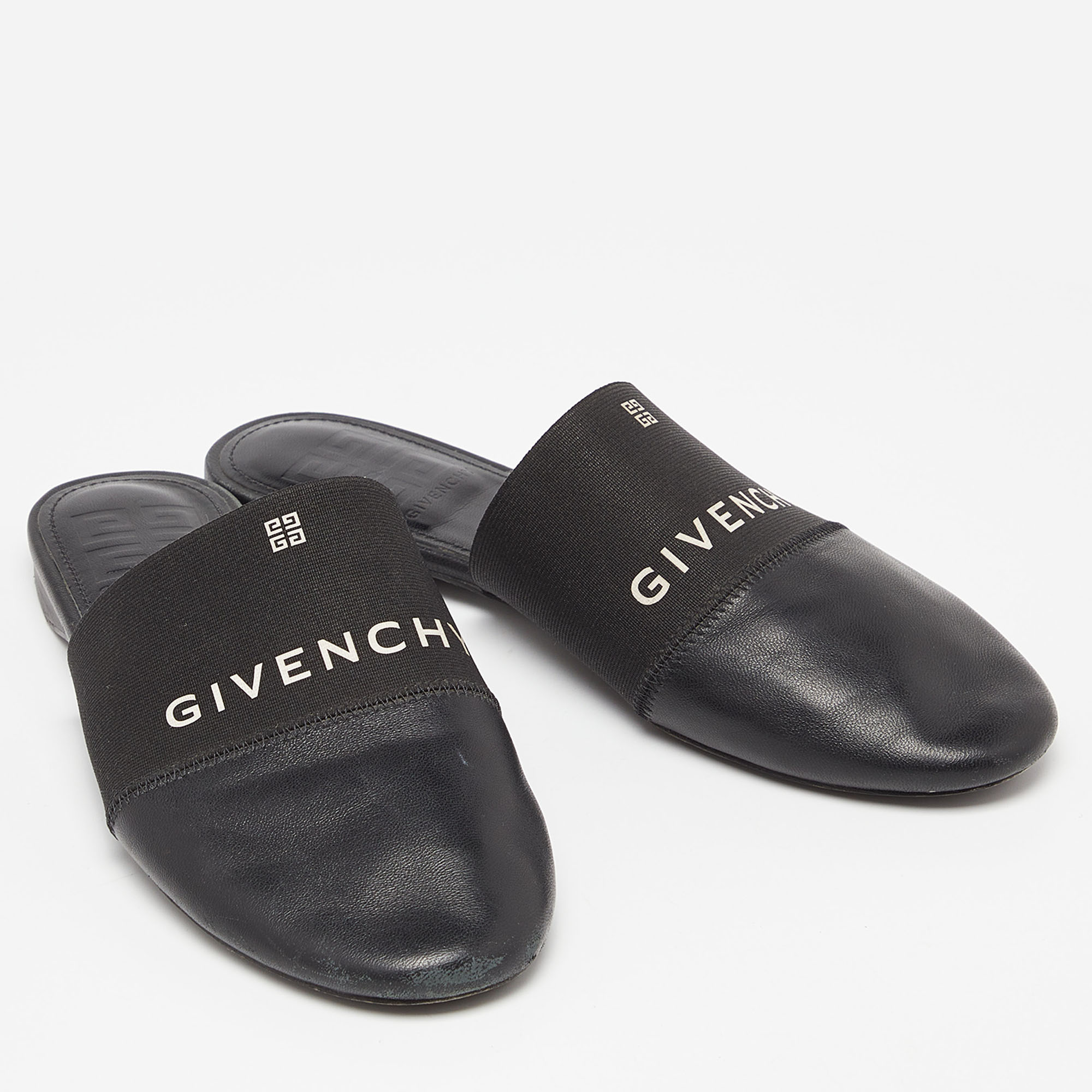 Givenchy Black Leather And Elastic Logo Flat Mules Size 36