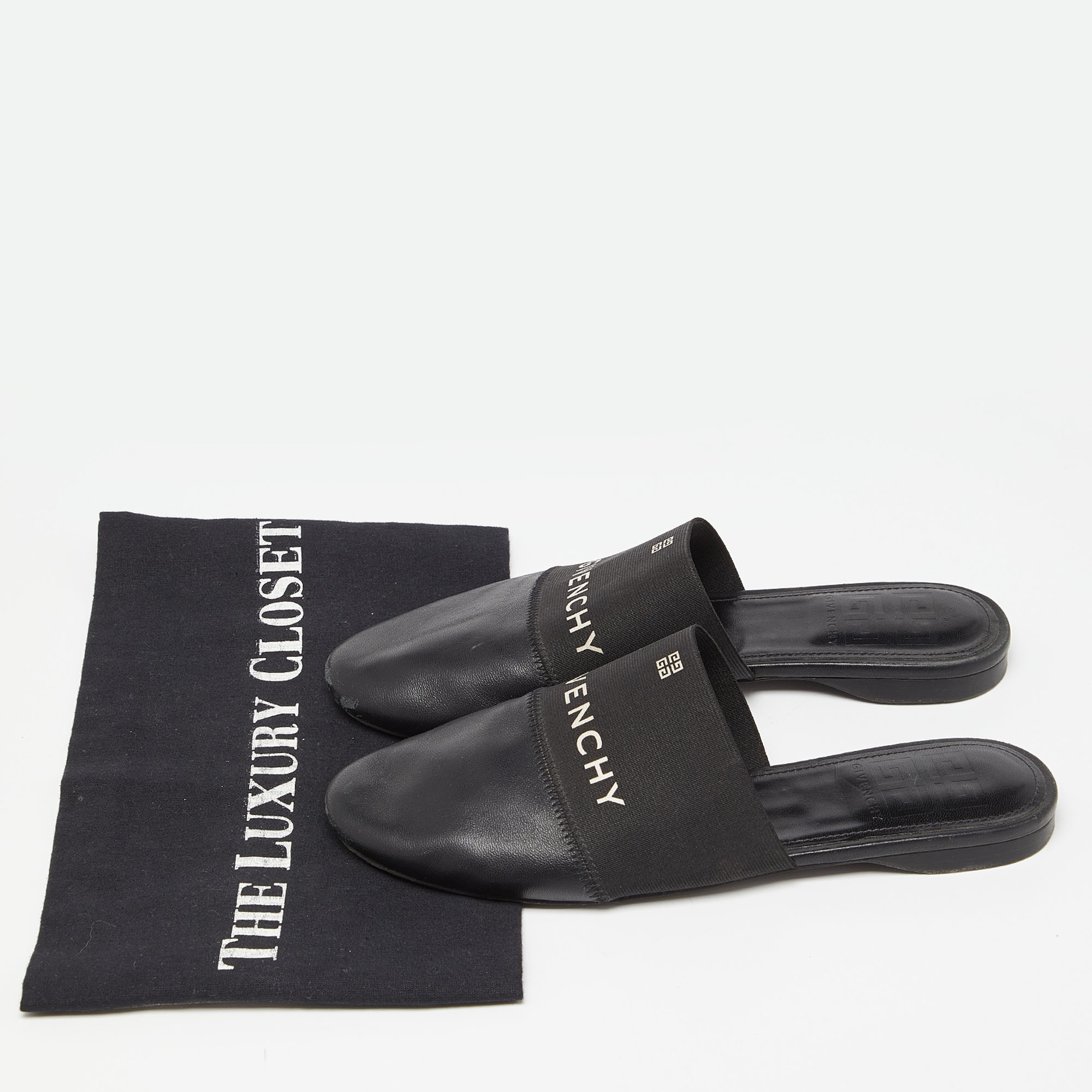 Givenchy Black Leather And Elastic Logo Flat Mules Size 36