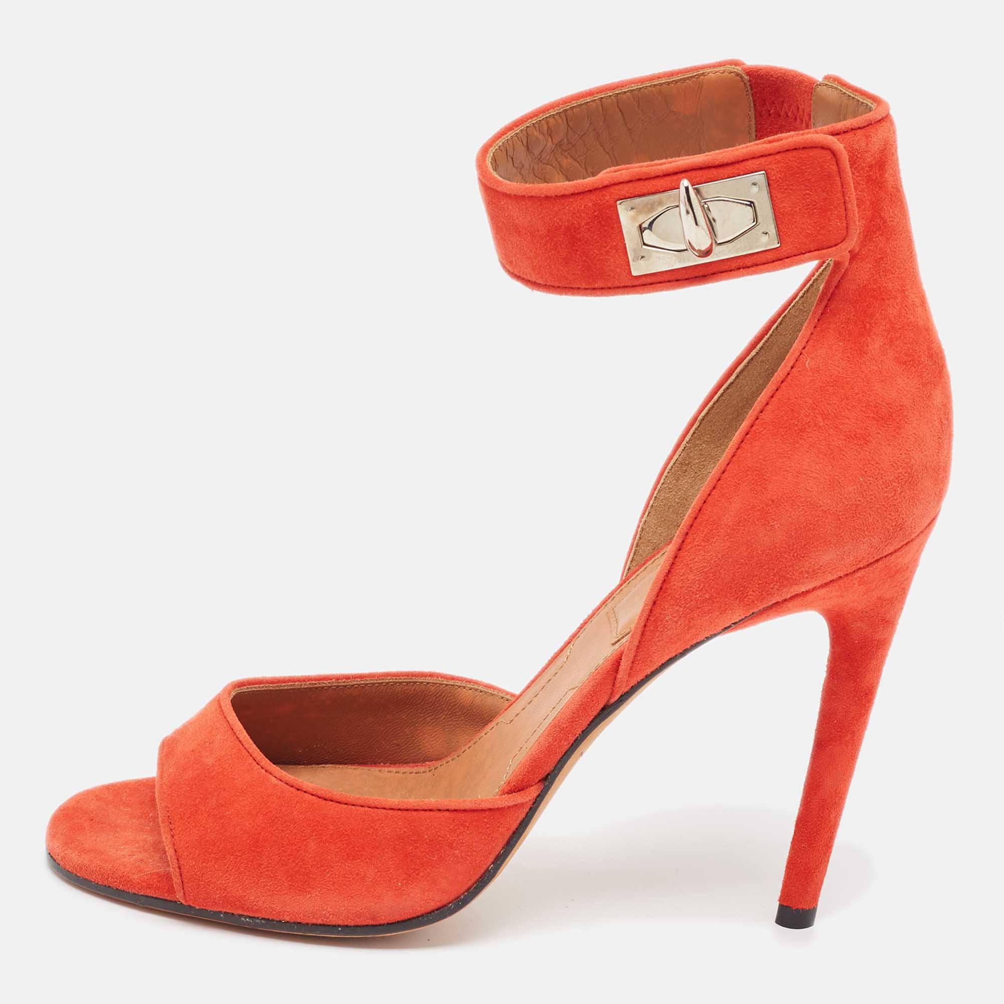 Givenchy Orange Suede Shark Lock  Ankle Strap Sandals Size 38