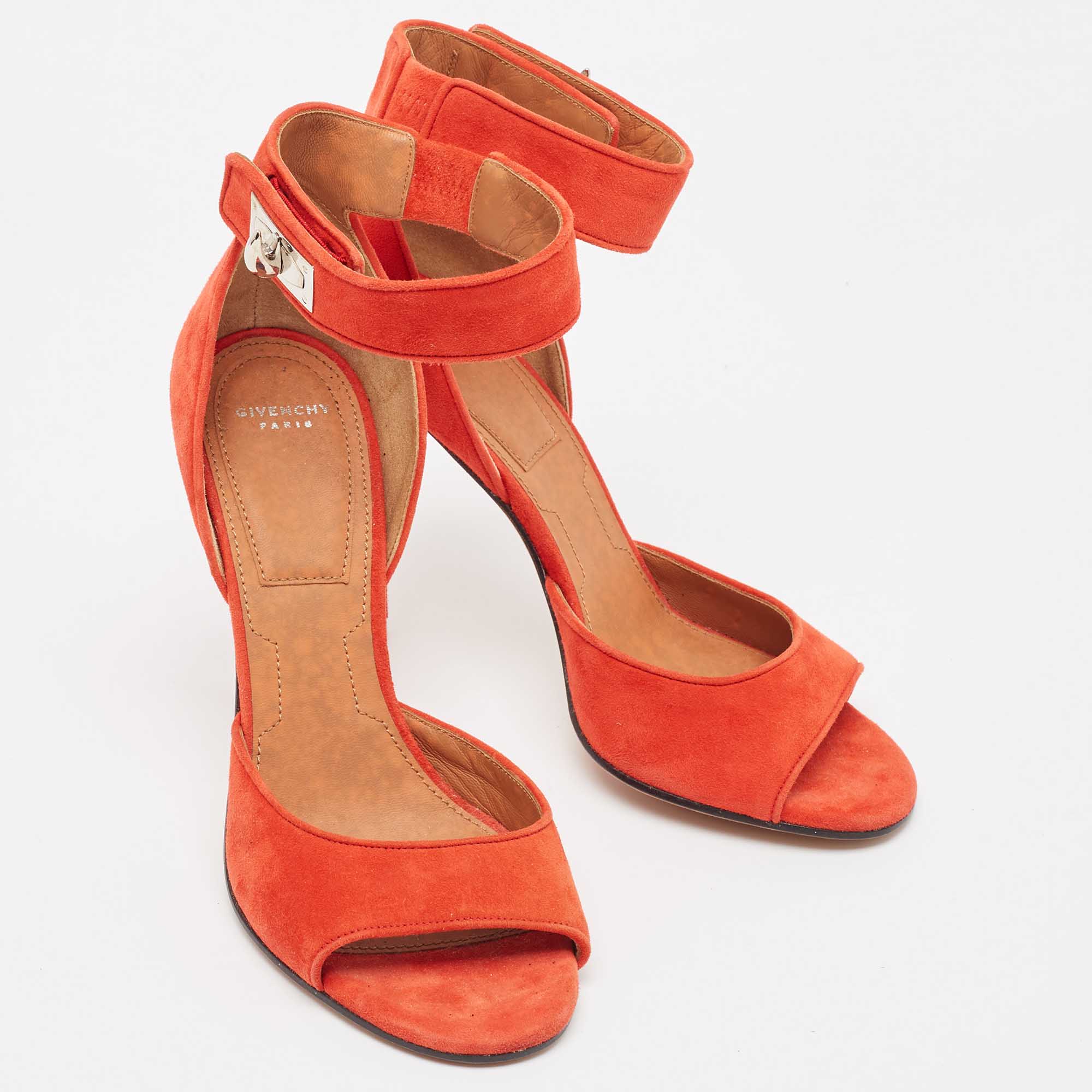 Givenchy Orange Suede Shark Lock  Ankle Strap Sandals Size 38