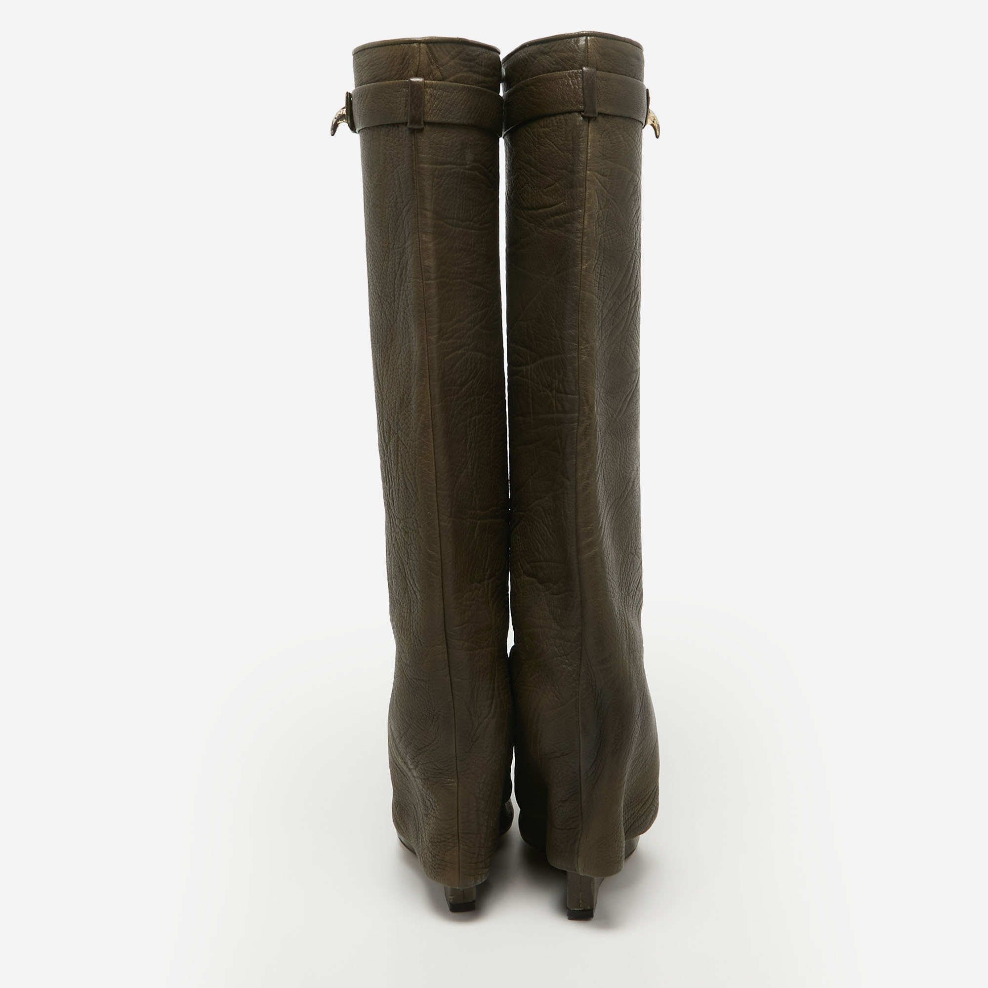 Givenchy Olive Green Leather Shark Lock Knee Length Boots Size 35