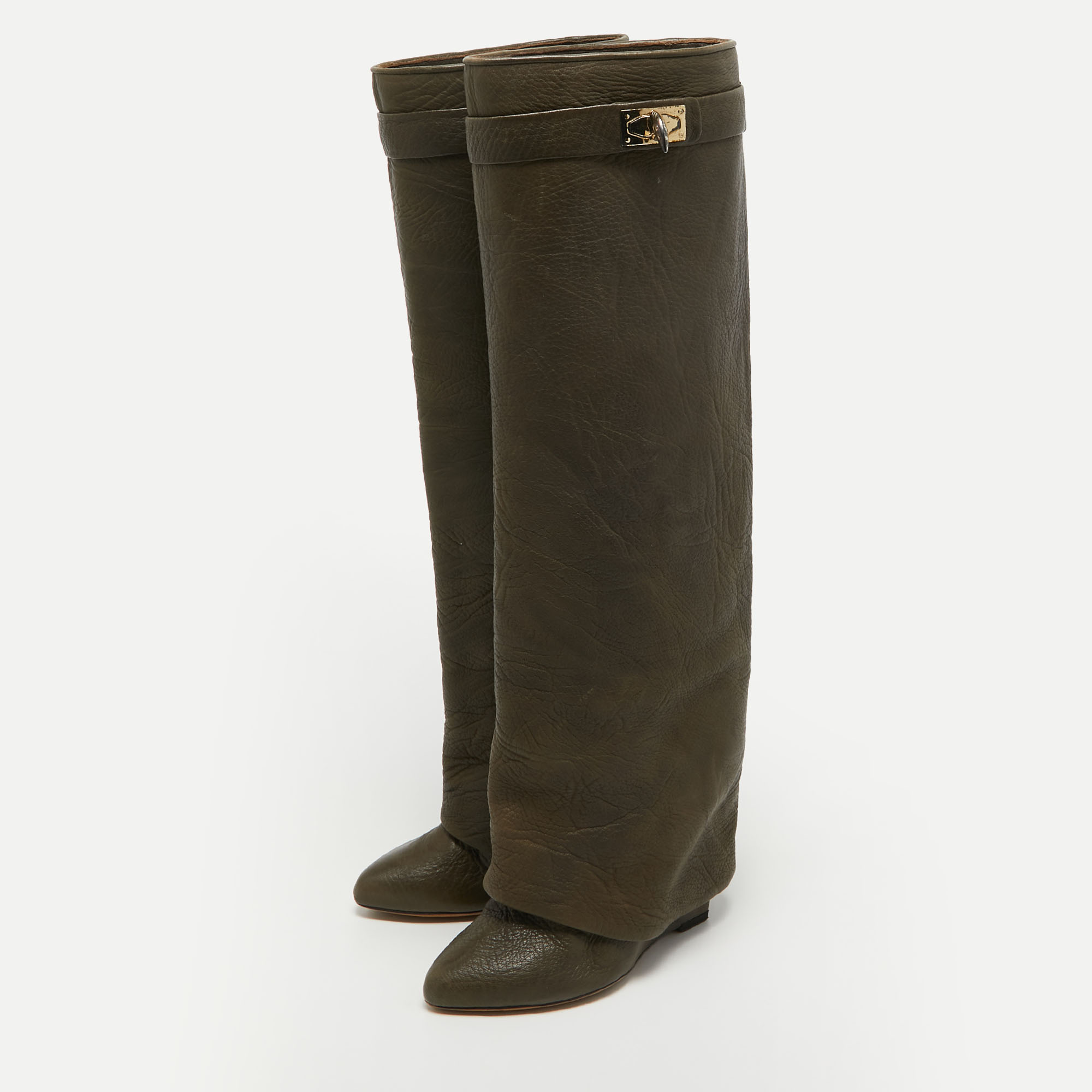 

Givenchy Olive Green Leather Shark Lock Knee Length Boots Size