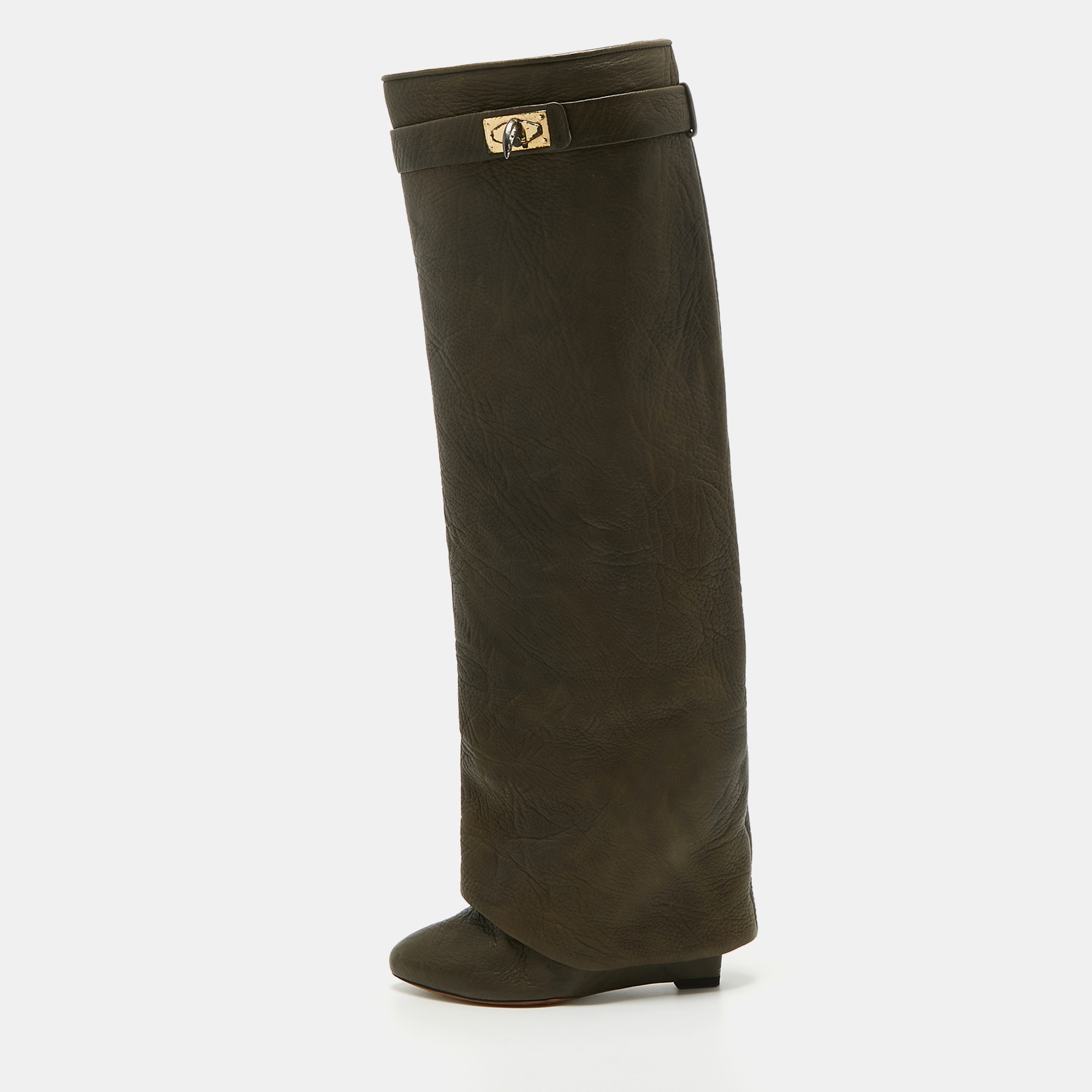 Givenchy Olive Green Leather Shark Lock Knee Length Boots Size 35