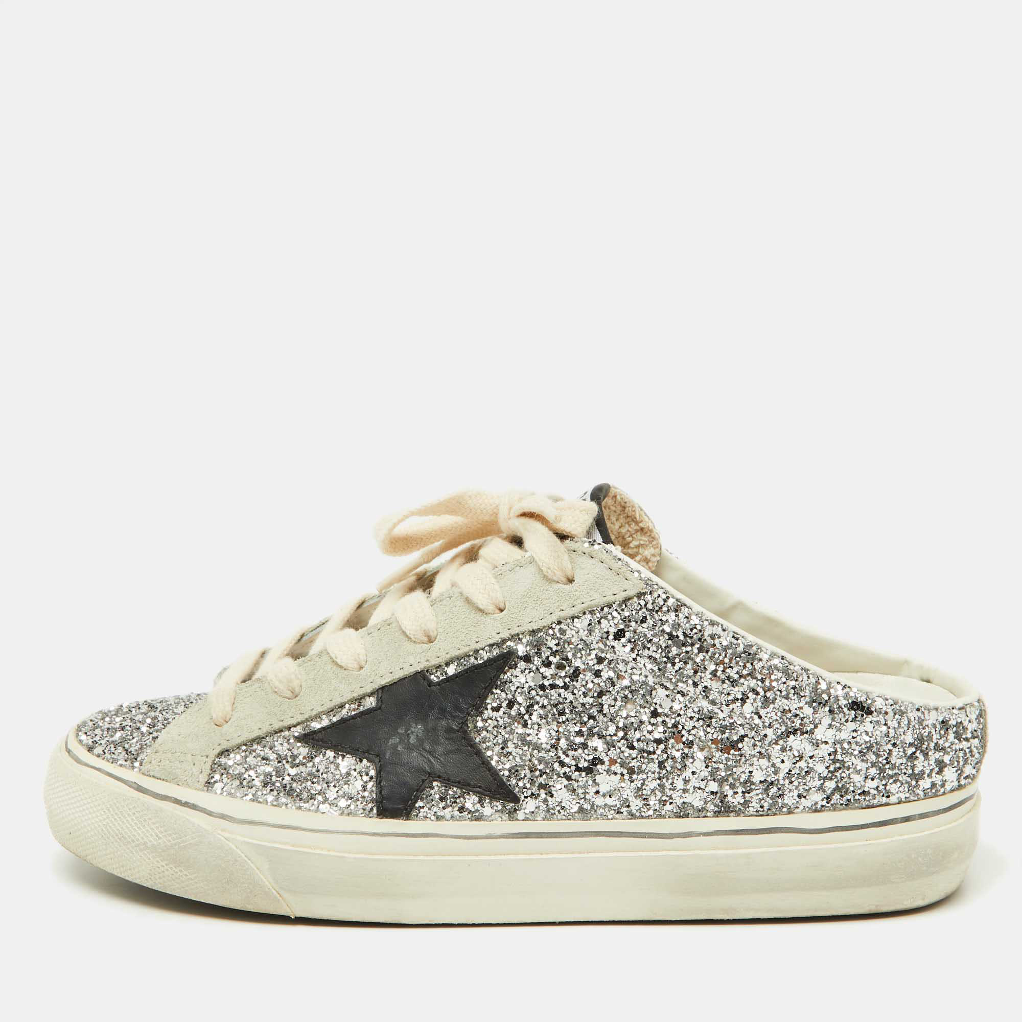 Golden goose silver glitter and suede super star sabot mule sneakers size 37