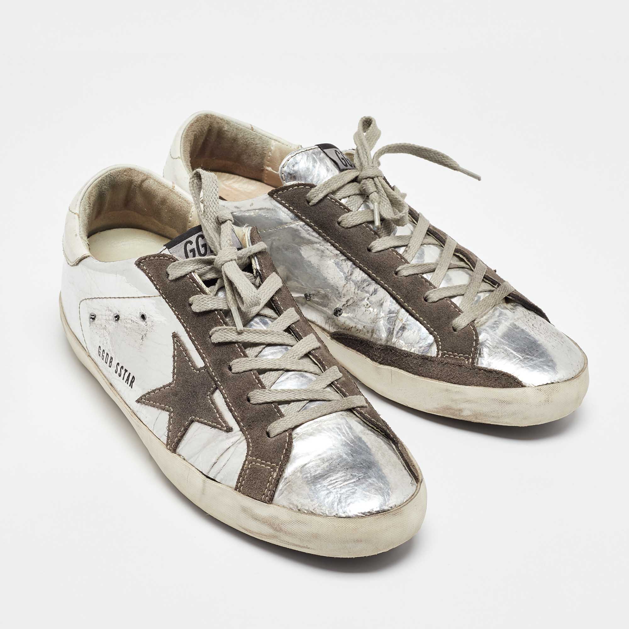 Golden Goose Silver/Grey Leather And Suede Superstar Sneakers Size 39