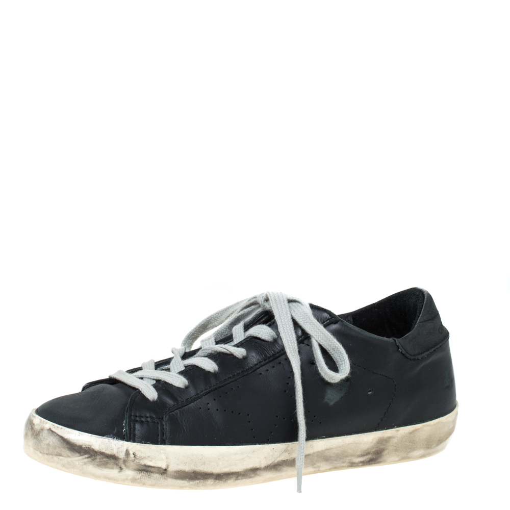 Image of Golden Goose Black Leather Perforated Star Low Top Sneakers Size