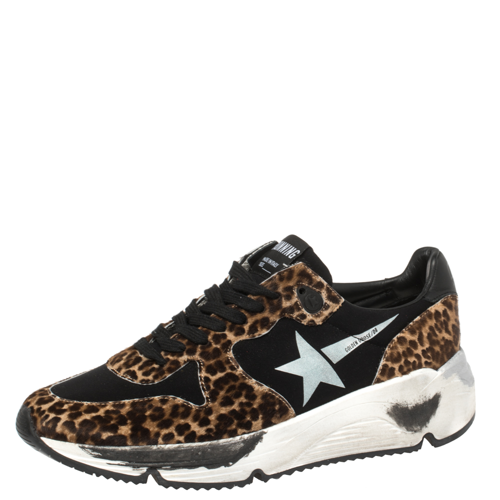 Image of Golden Goose Black/Brown Leopard Print Calfhair and Neoprene Running Sneakers Size