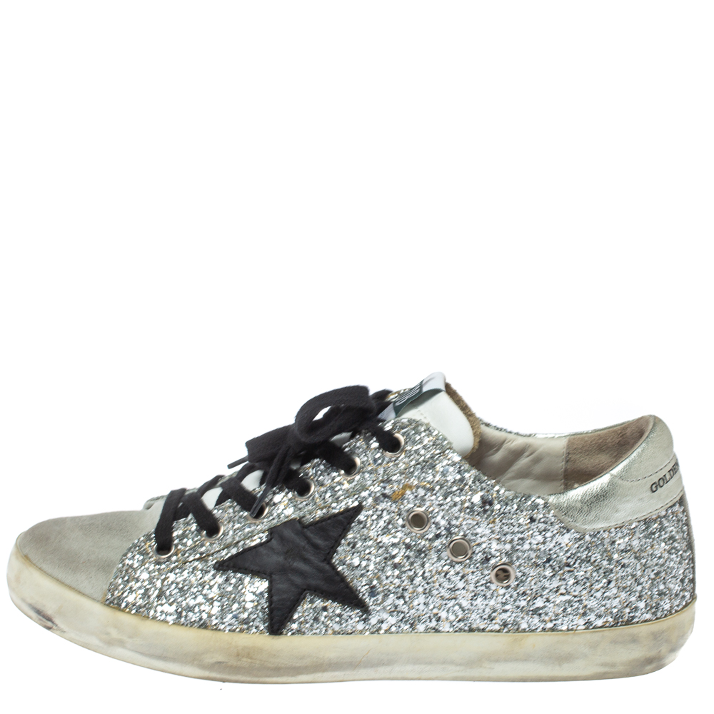 Golden Goose Silver Glitter And Suede Superstar Low Top Sneakers Size 39 
Golden Goose Silver Glitter And Suede Superstar Low Top Sneakers Size 39