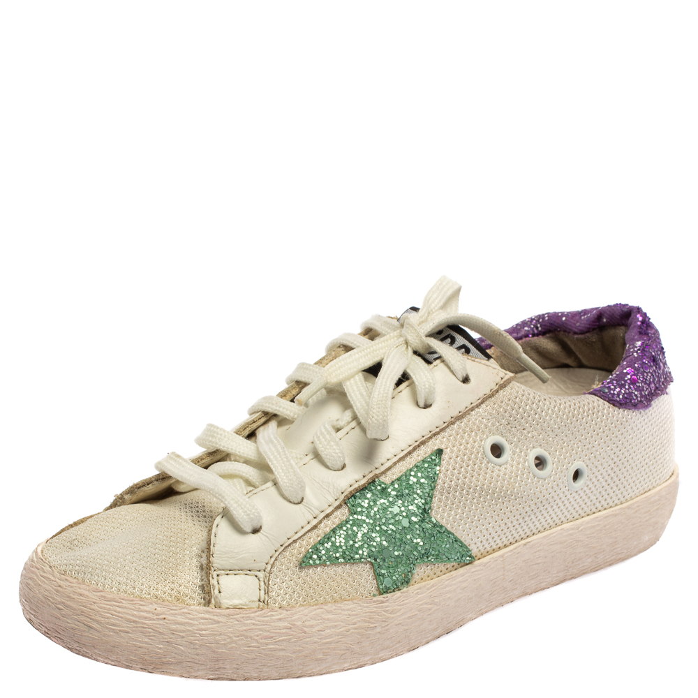 Golden Superstar White/Purple Knit Fabric And Leather Low -Top Sneaker Size 36