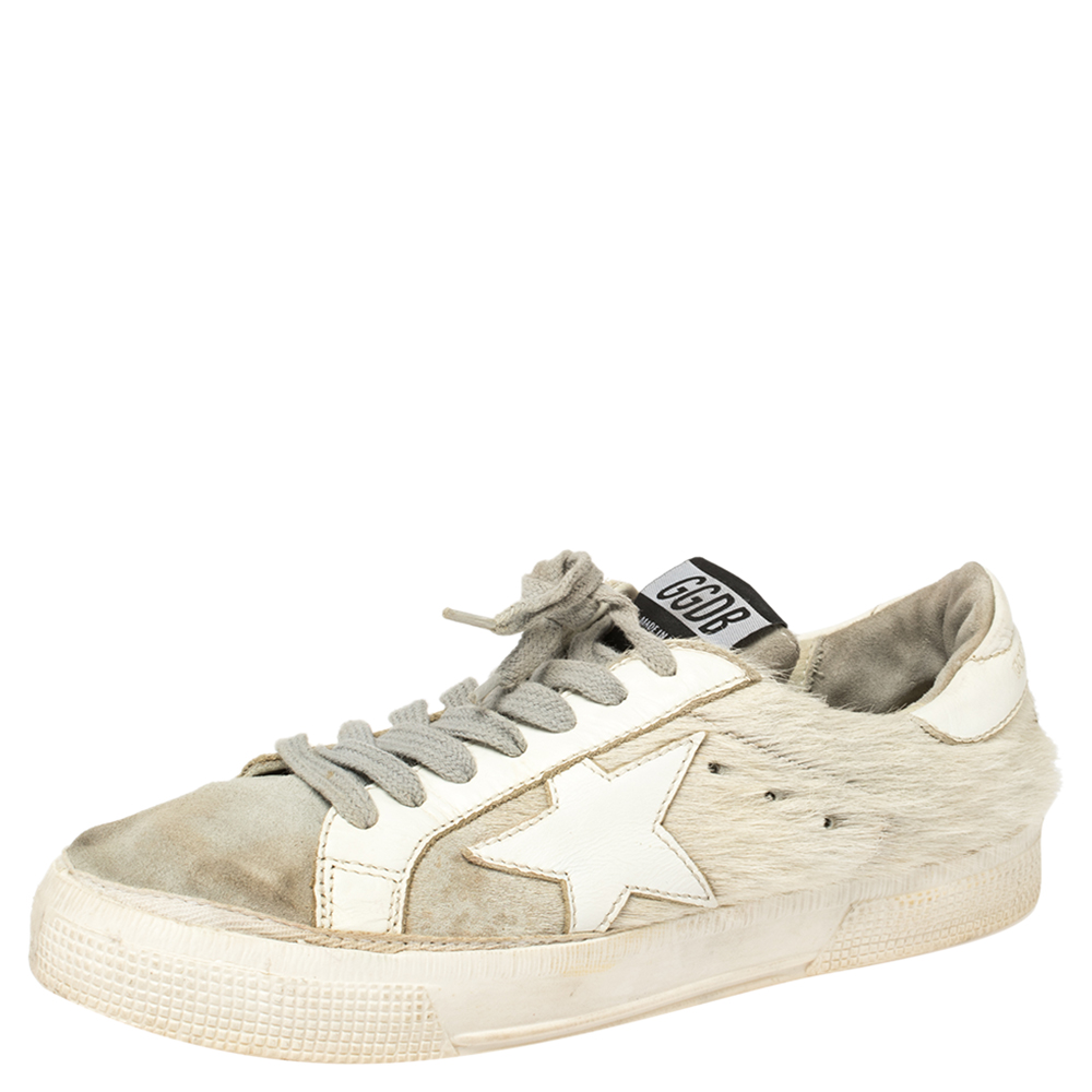 Golden Goose White/Grey Distressed Suede And Pony Hair Lace Up Sneakers Size 37