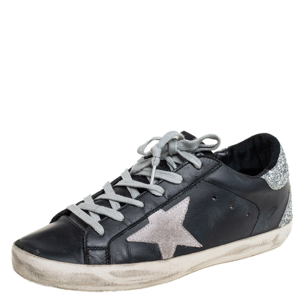 Golden Goose Black/Silver Leather And Glitter Superstar Low Top Sneakers Size 37