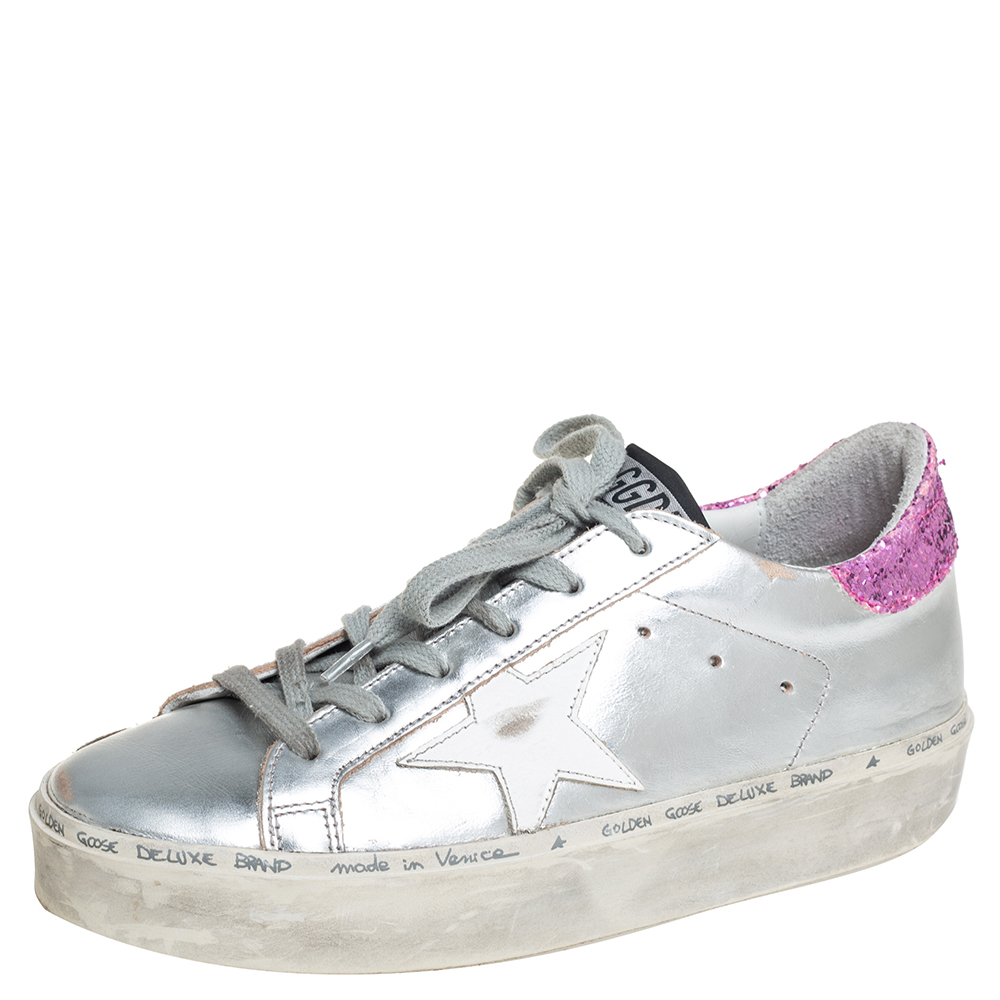 Golden Goose Silver/Pink Leather And Glitter Superstar Low Top Sneakers Size 37