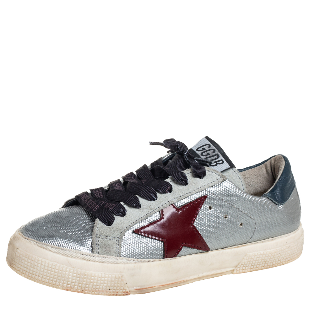 Golden Goose Silver Leather And Suede May Low Top Sneakers Size 36