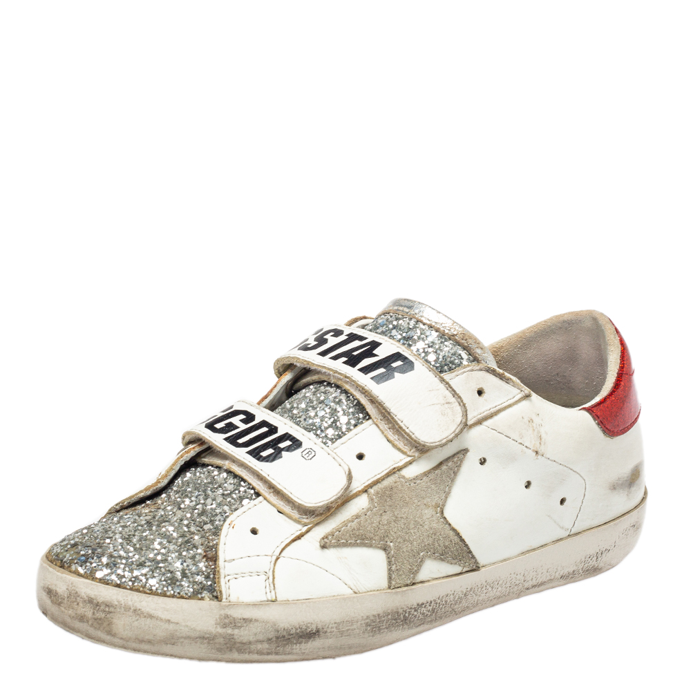 Golden Goose White/Silver Glitter And Leather Old School Sneakers Size 35