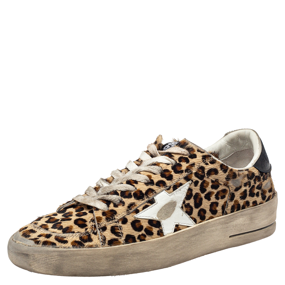 Golden Goose Beige Leopard Print Calf Hair And Leather Stardan Sneakers 40
