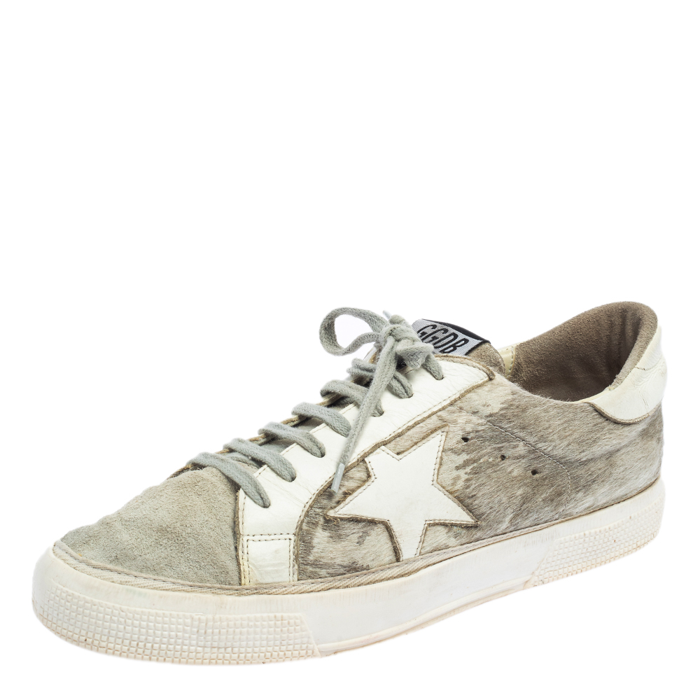 Golden Goose White/Grey Distressed Suede And Pony Hair May Lace Up Sneakers Size 40