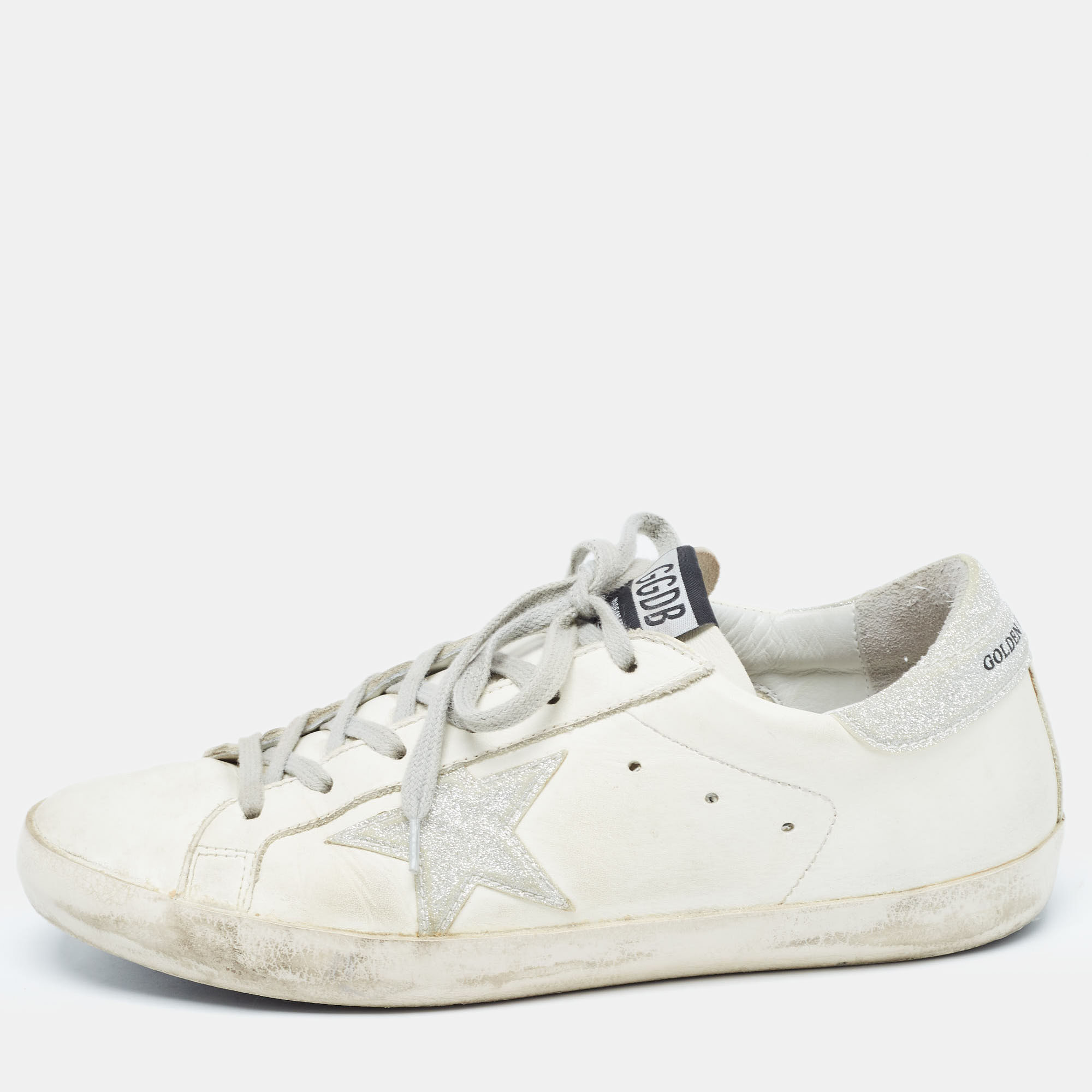 Golden Goose White/Silver Glitter And Leather Superstar Sneakers Size 39