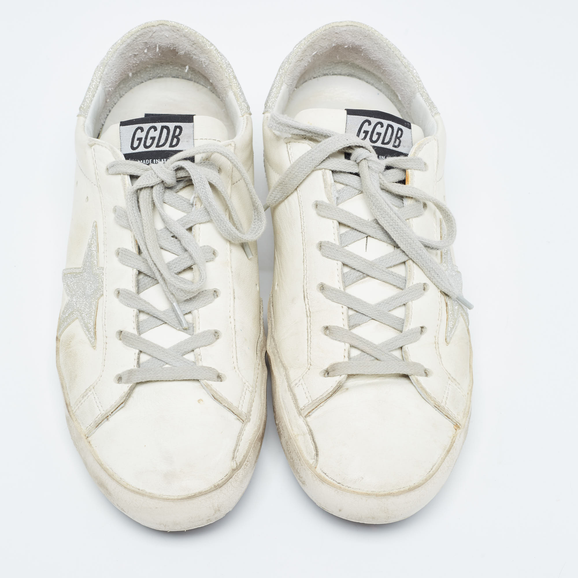 Golden Goose White/Silver Glitter And Leather Superstar Sneakers Size 39