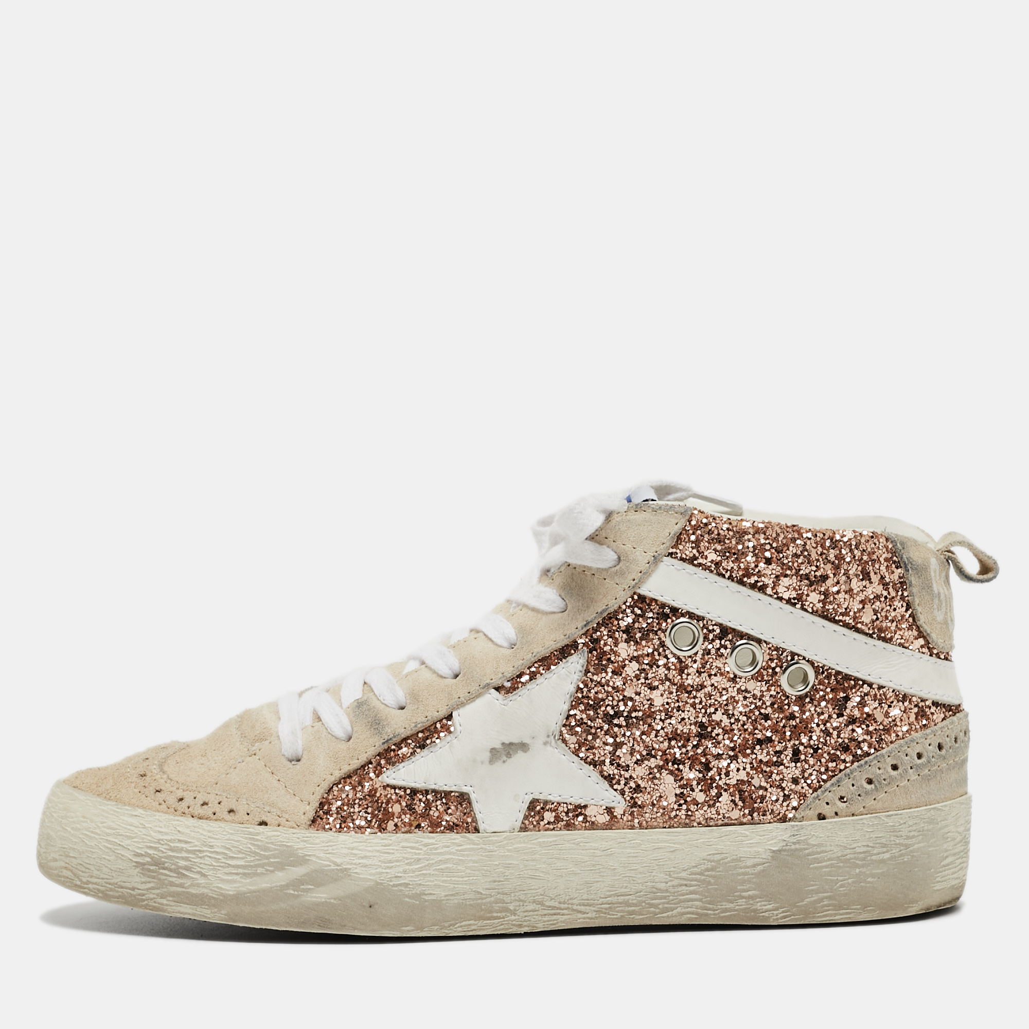Golden Goose Tricolor Glitter And Grey Suede And Glitter High Top Sneakers Size 36