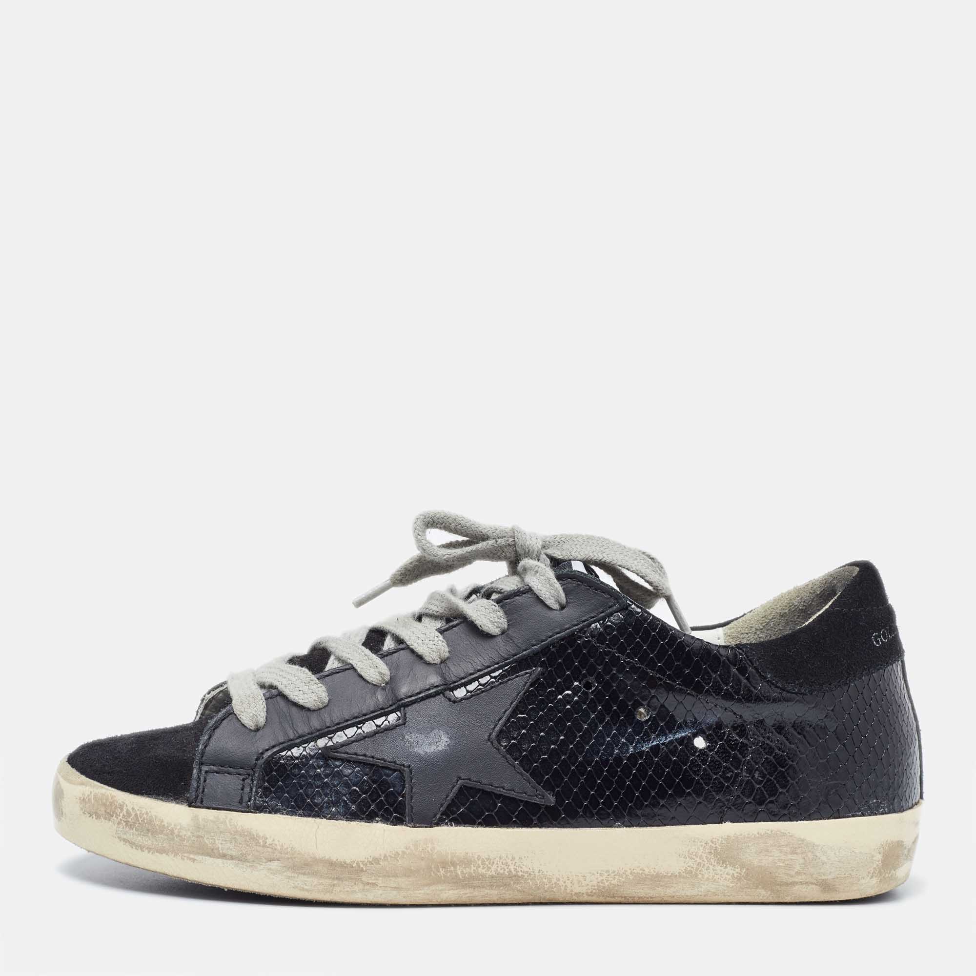 Golden goose black suede and python embossed leather hi star low top sneakers size 36