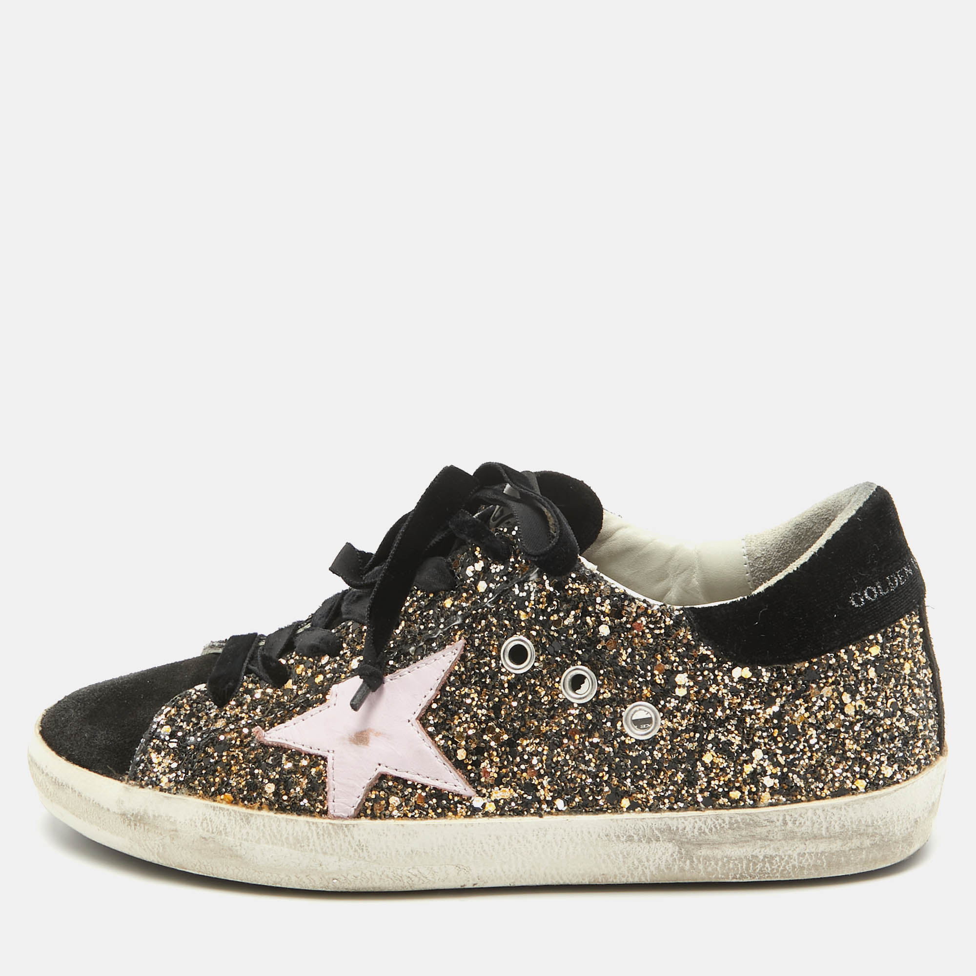 Golden goose gold/black glitter and suede superstar sneakers size 37