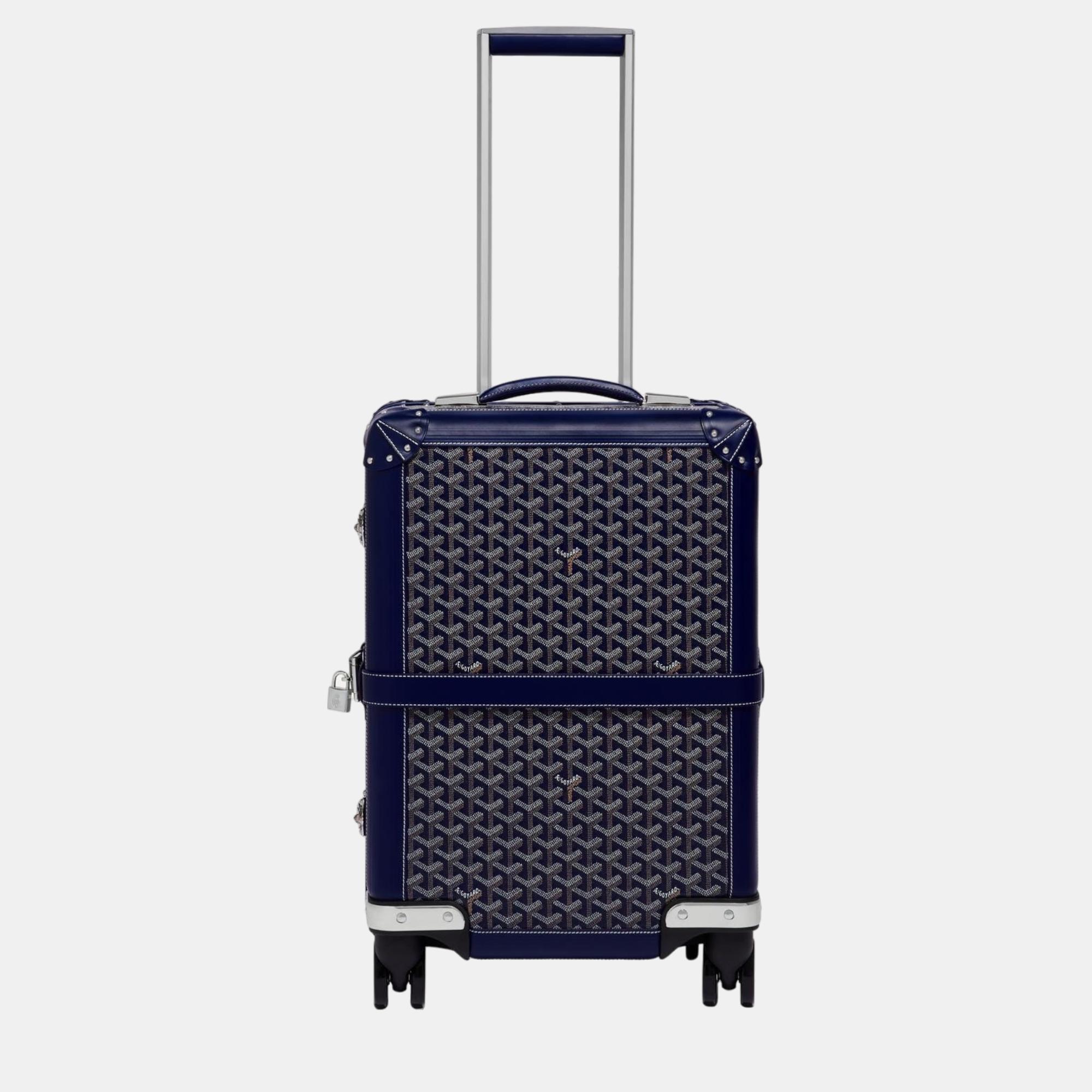 Goyard navy blue goyardine canvas & clamecy cowhide bourget pm trolley case