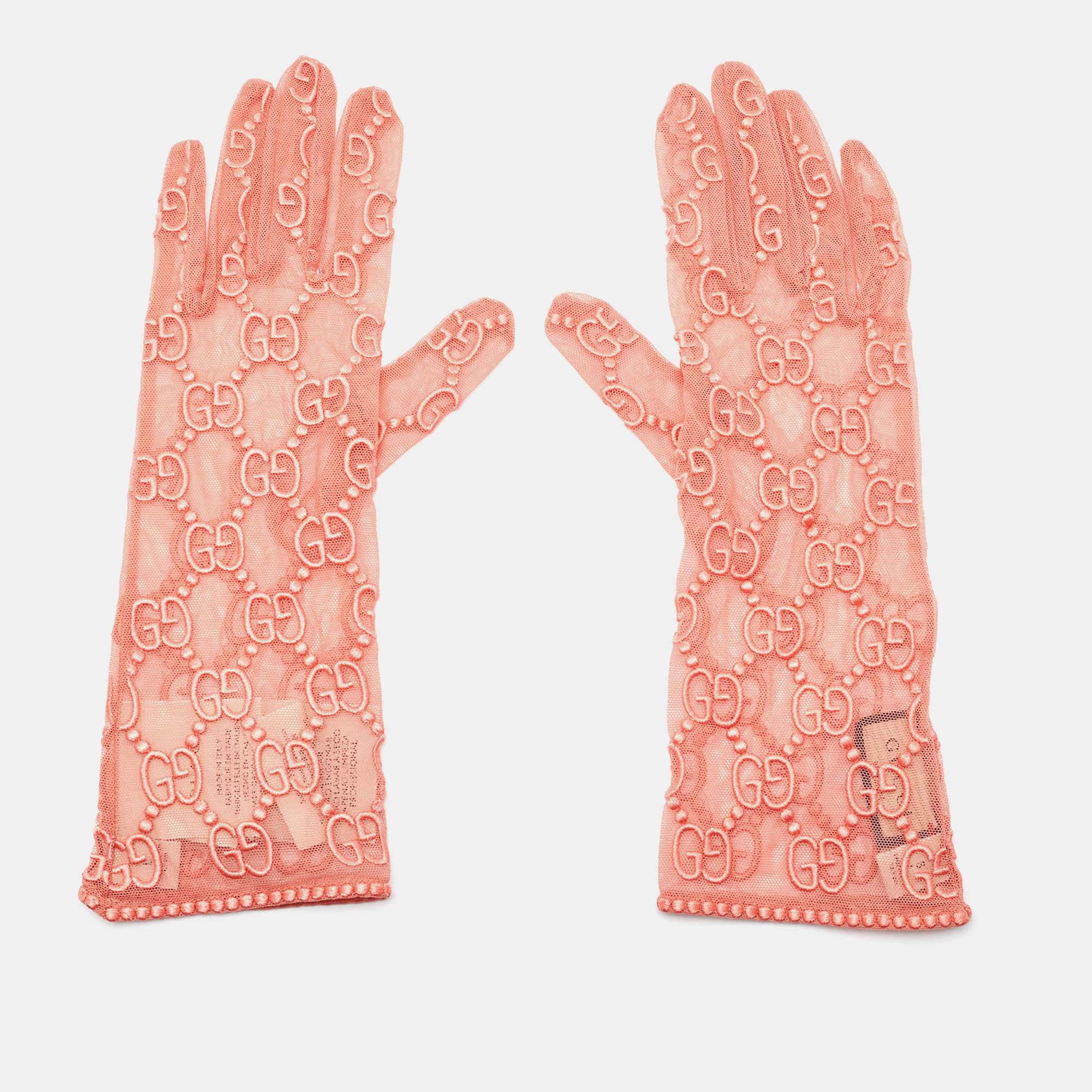 Gucci Nojum Pink Logo Embroidered Tulle Gloves L