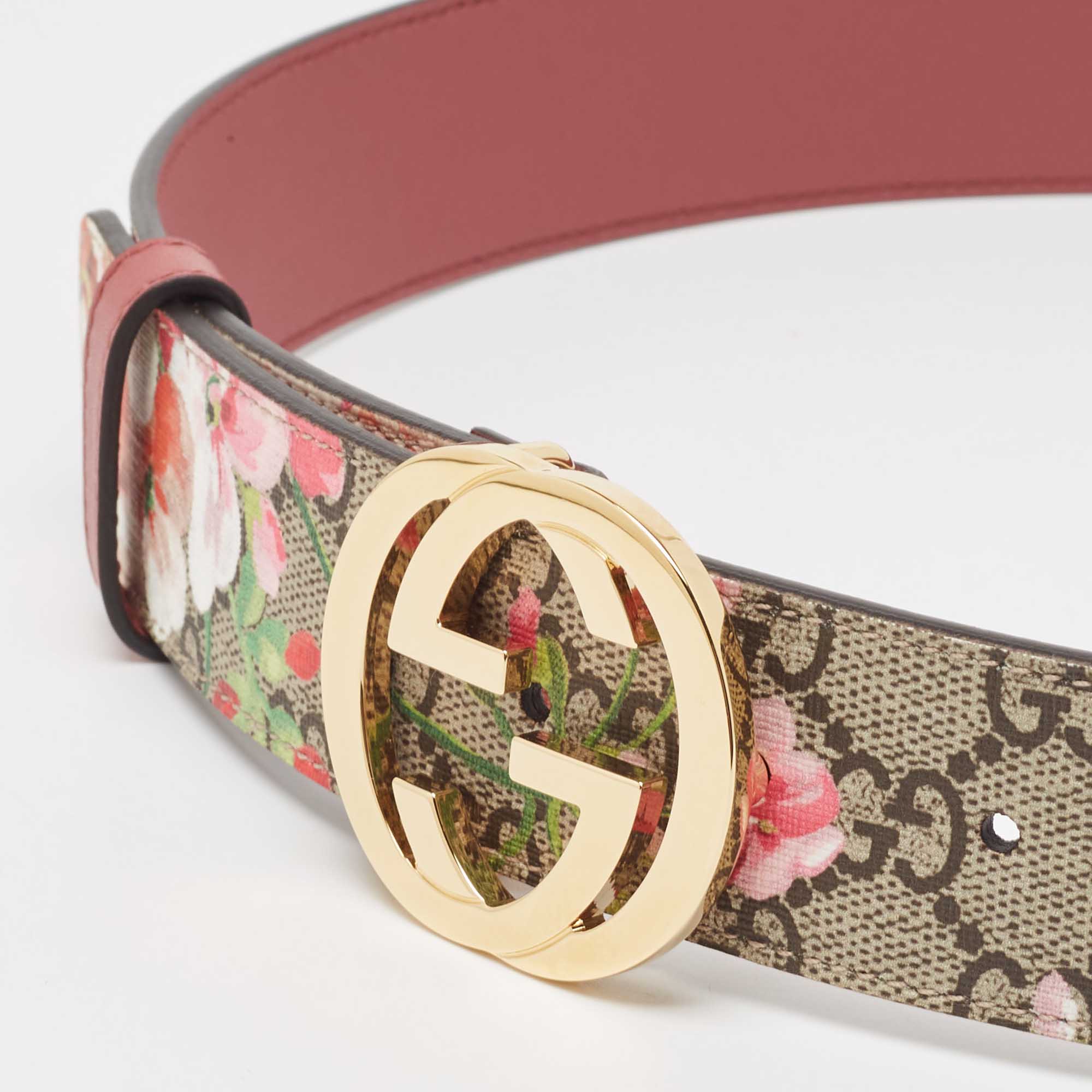 Gucci Beige/Pink GG Supreme Blooms Print Canvas Interlocking G Buckle Belt 80CM