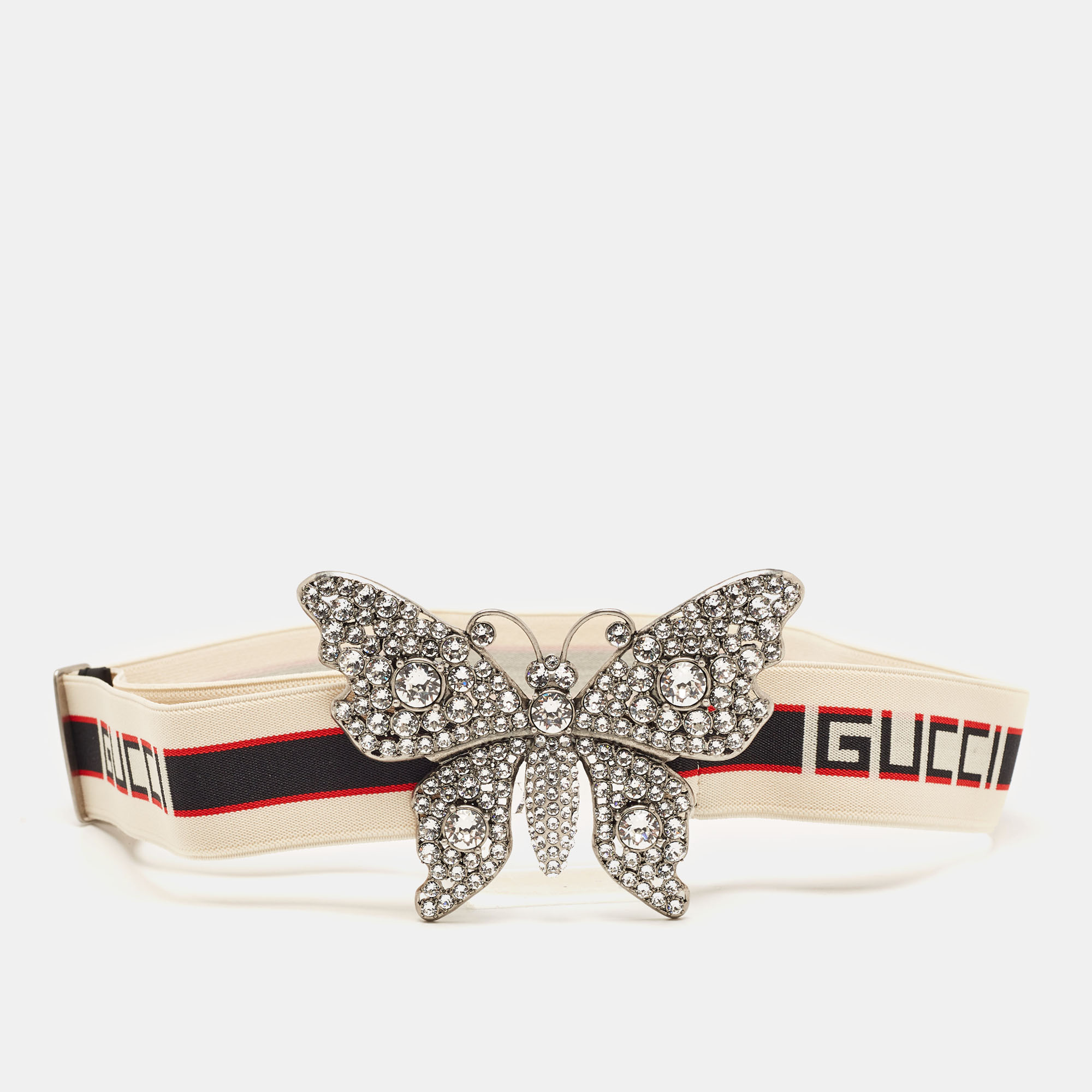 Gucci White Elastic Band Crystals Embellished Butterfly Waist Belt 80CM