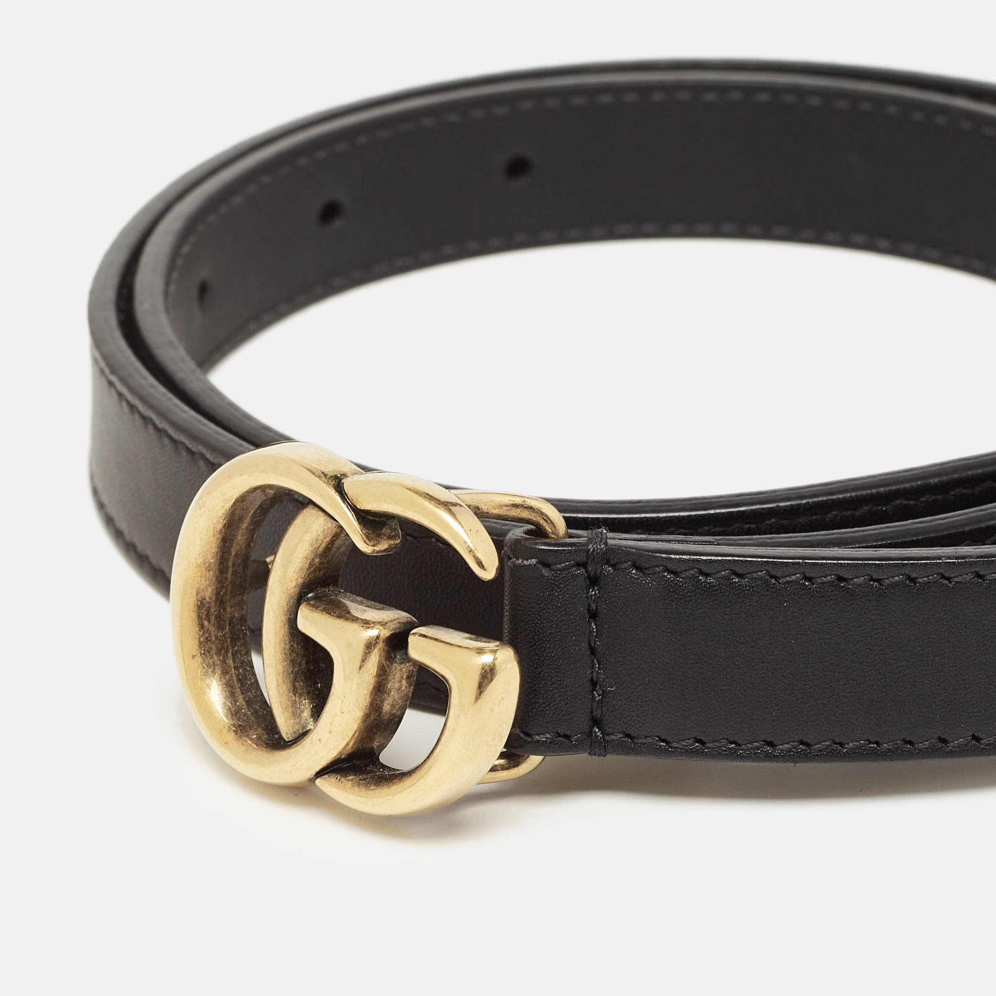 Gucci Black Leather Slim Double G Buckle Belt 70CM