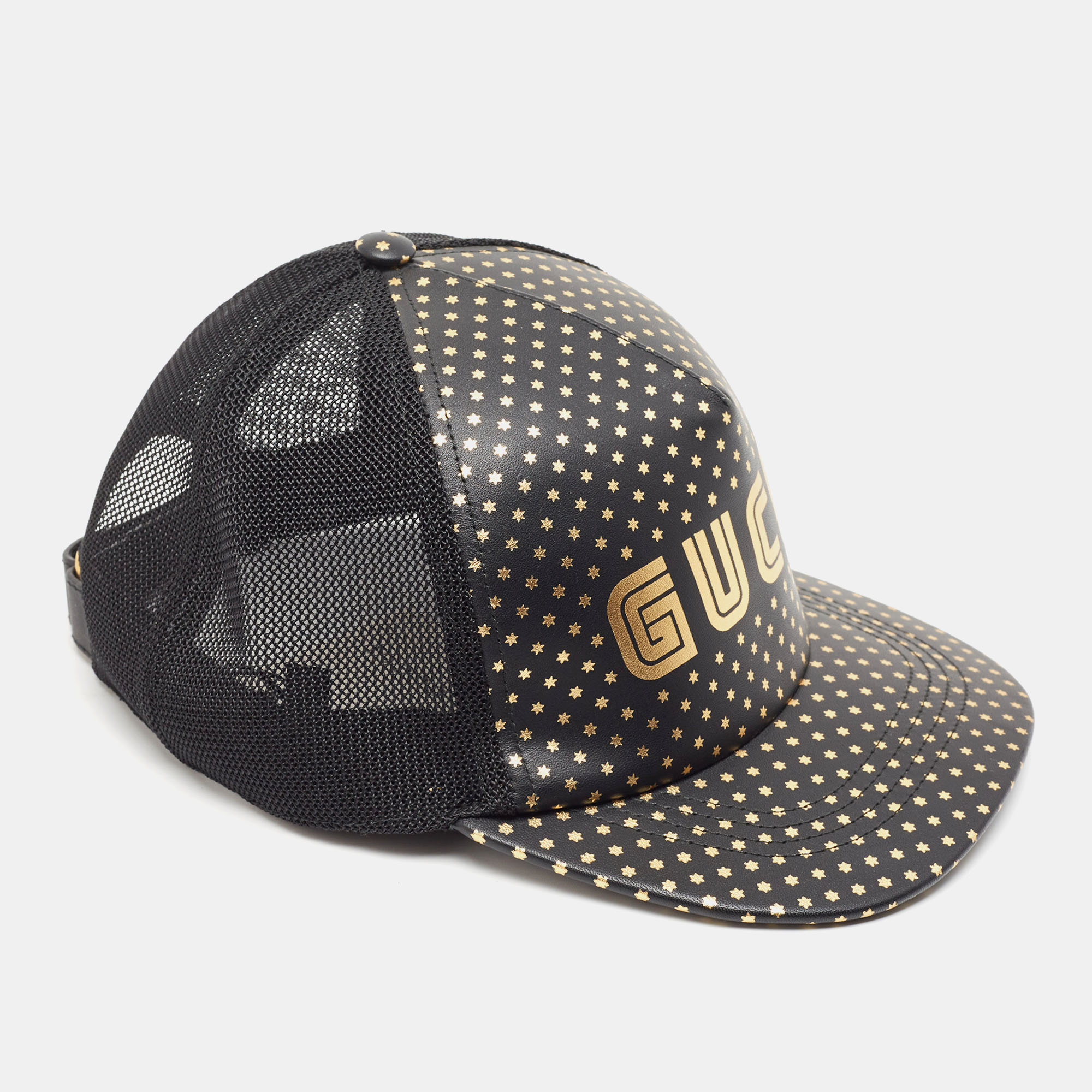 Gucci black guccy stars print leather & mesh baseball cap m
