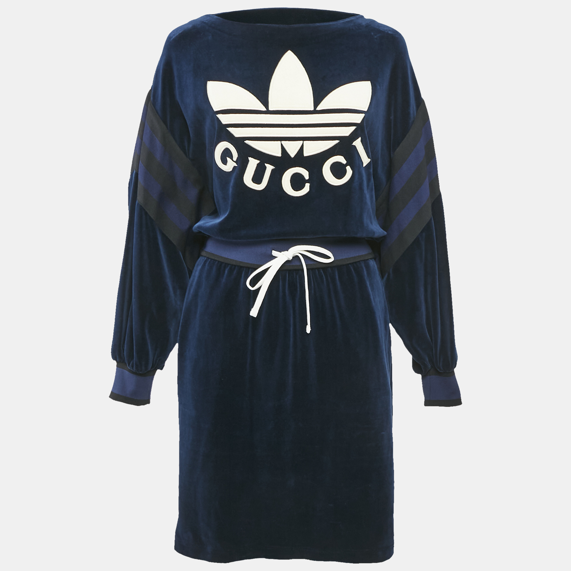 Gucci Navy Blue Velour Logo Applique Detail Short Dress S