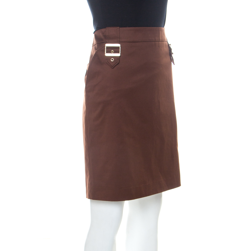

Gucci Brown Stretch Cotton Twill Gold Buckle Detail Pencil Skirt