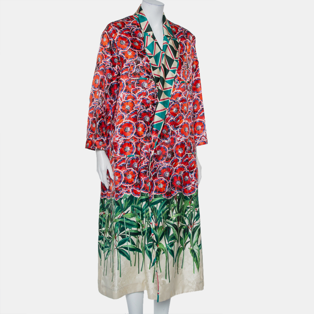 Gucci Multicolor Printed Silk Open Front Coat L