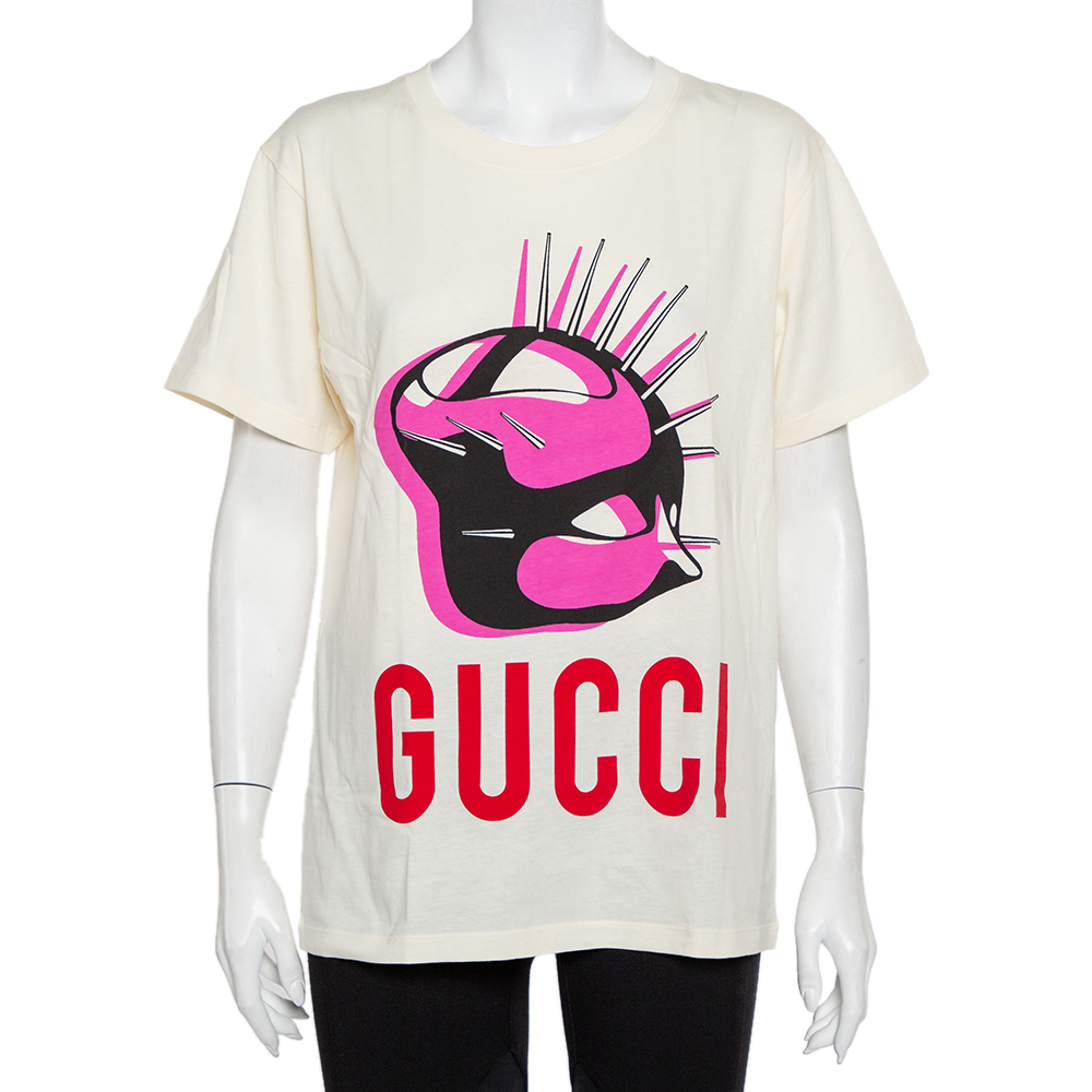 Gucci Cream Manifesto Logo Printed Cotton Oversized Crewneck T-Shirt XS