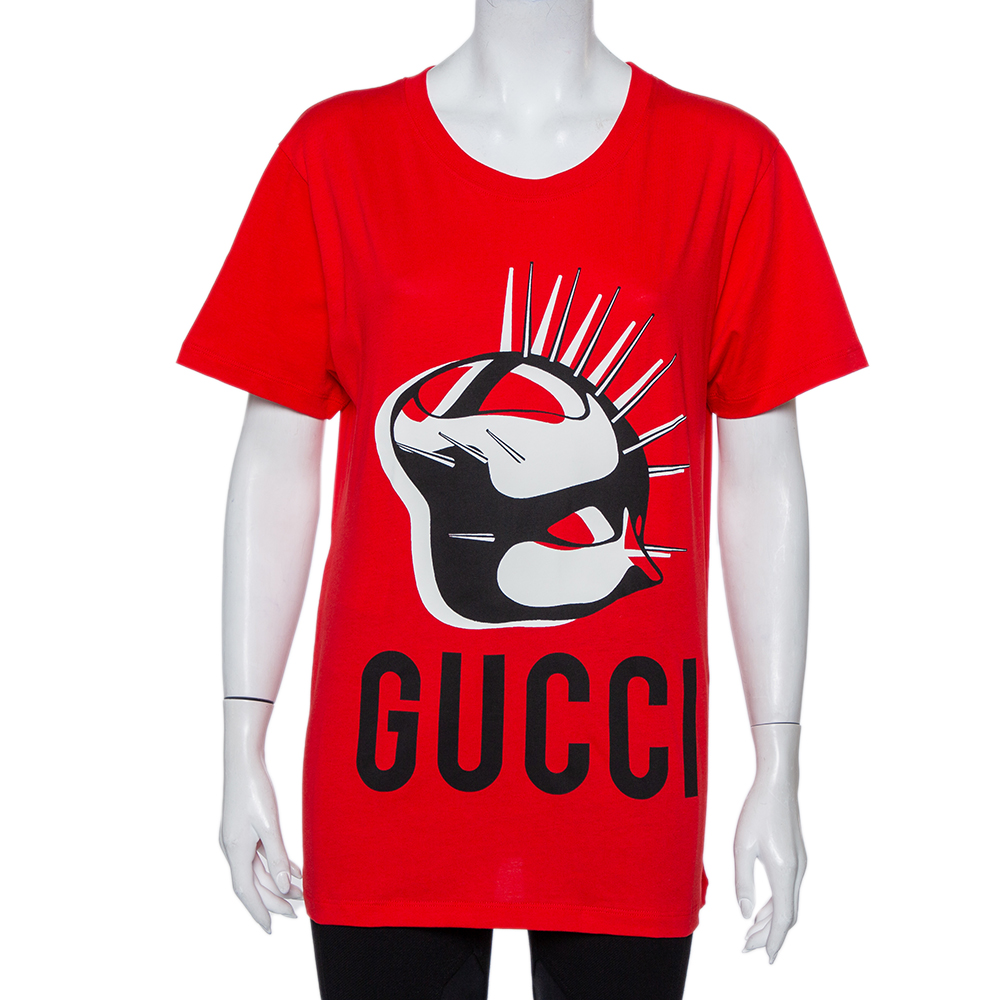 Gucci Red Logo Mask Print Cotton Oversized T-Shirt XS