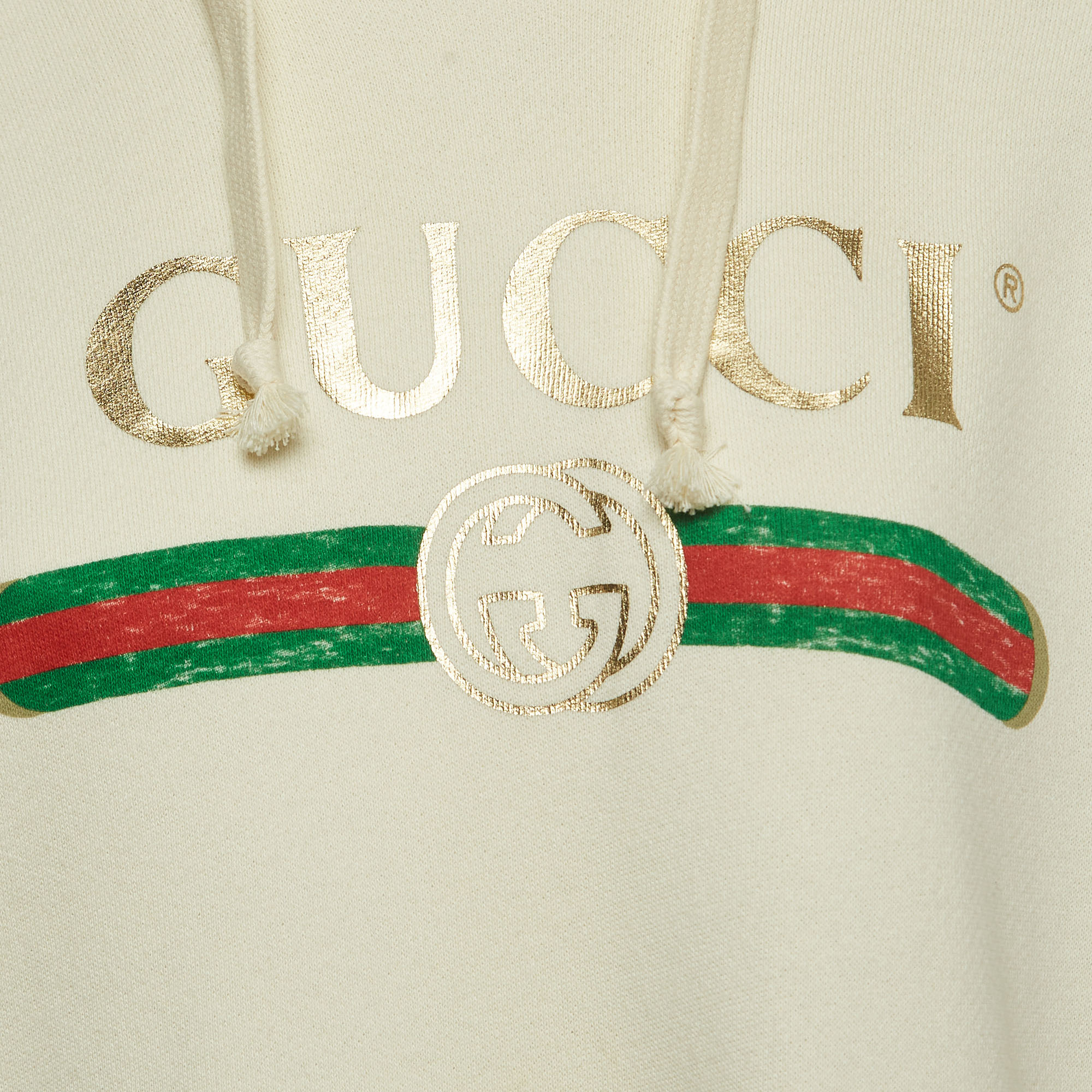 Gucci Cream Logo Print Embroidered Cotton Knit Hoodie XS