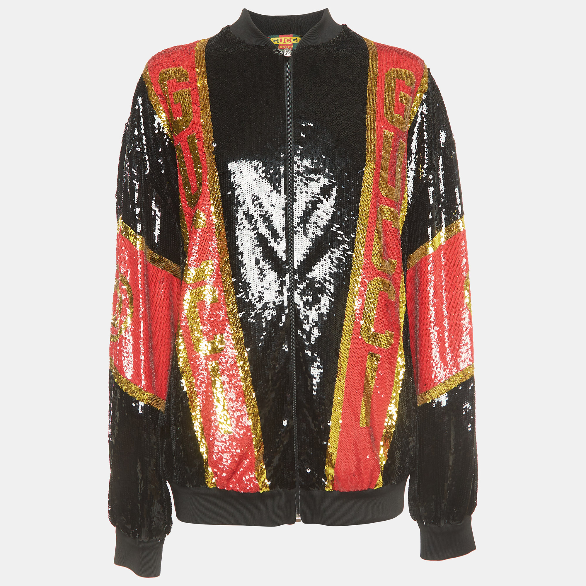 Gucci Dapper Dan Black/Red Logo Motif Sequin Bomber Jacket S