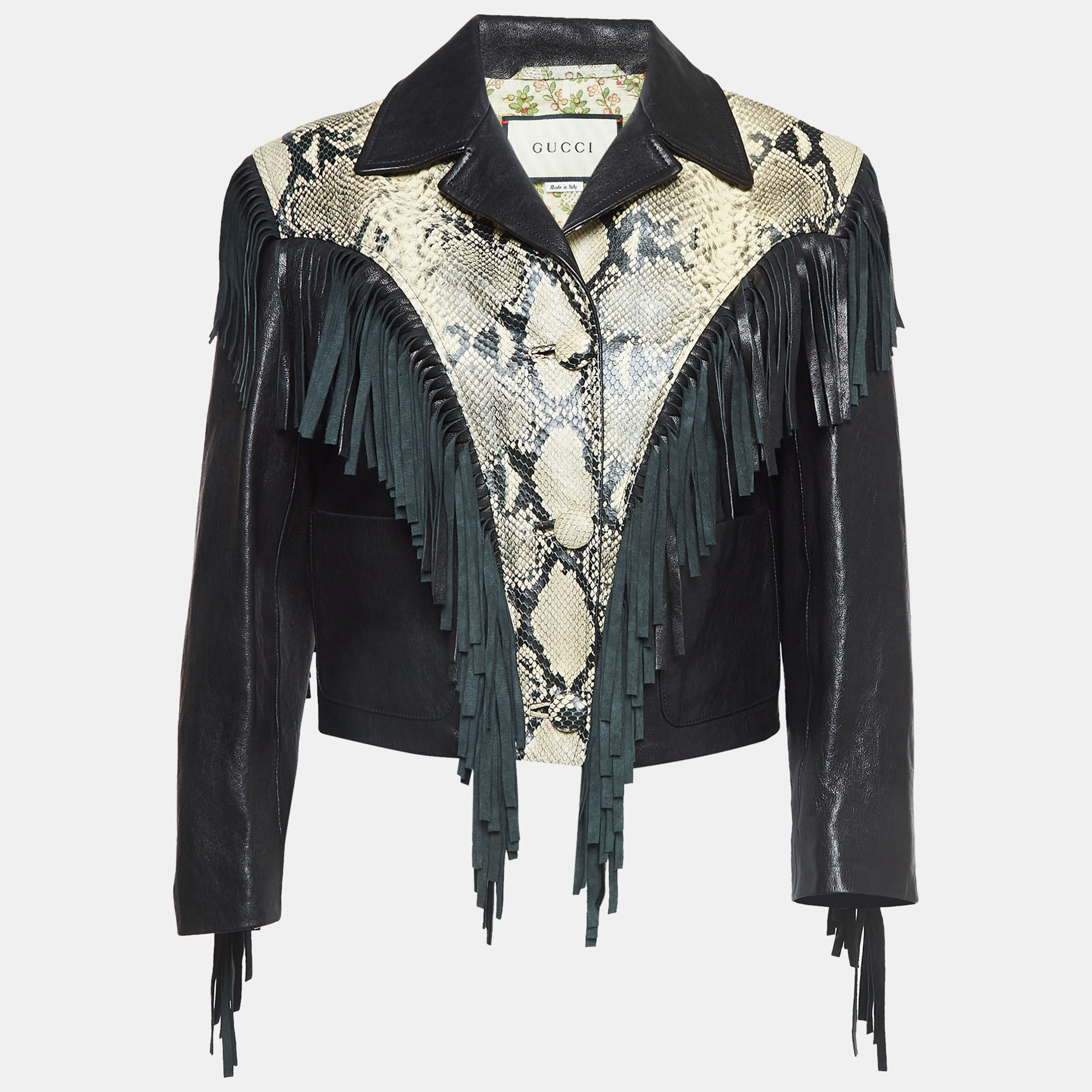 Gucci black python embossed fringed leather jacket m