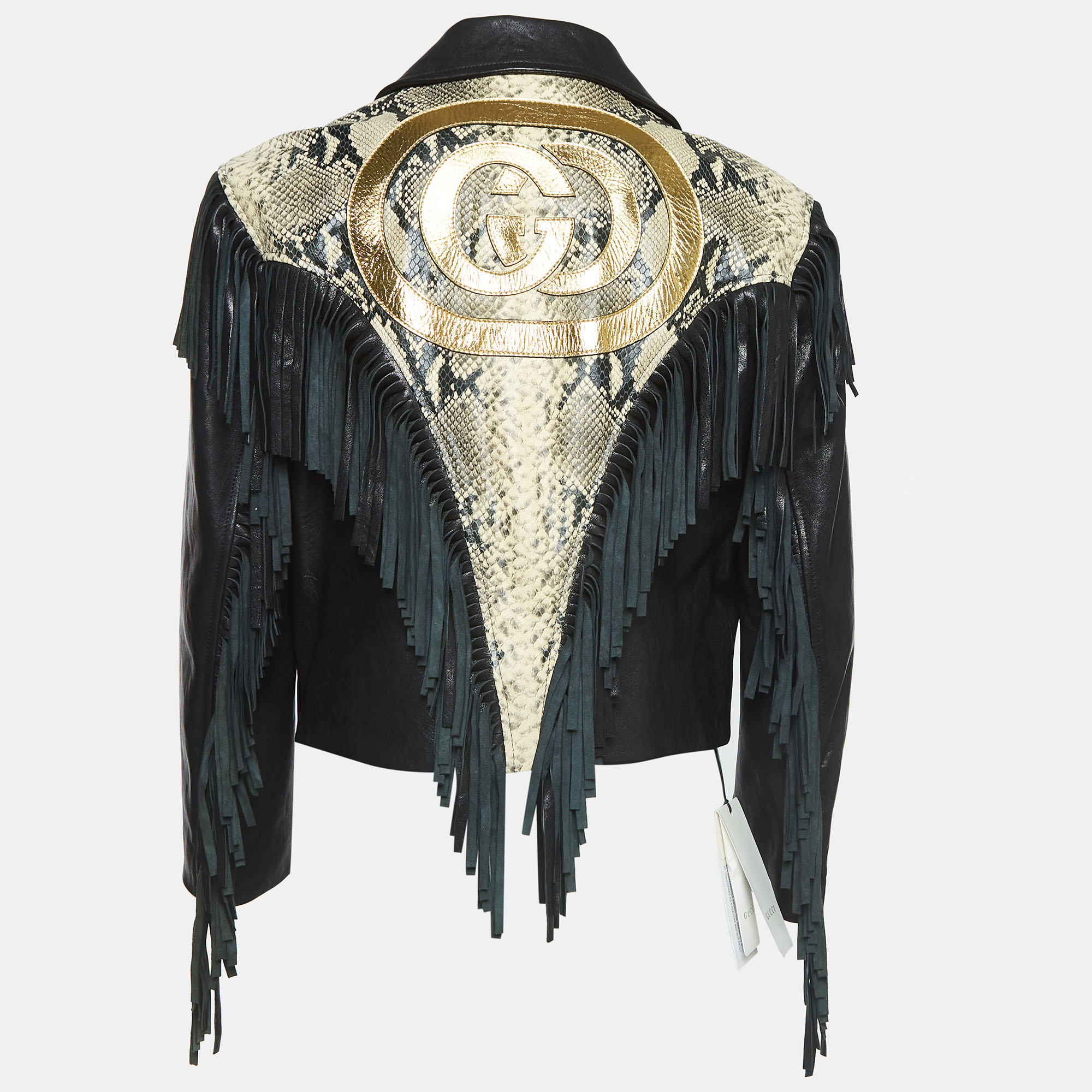 Gucci Black Python Embossed Fringed Leather Jacket M