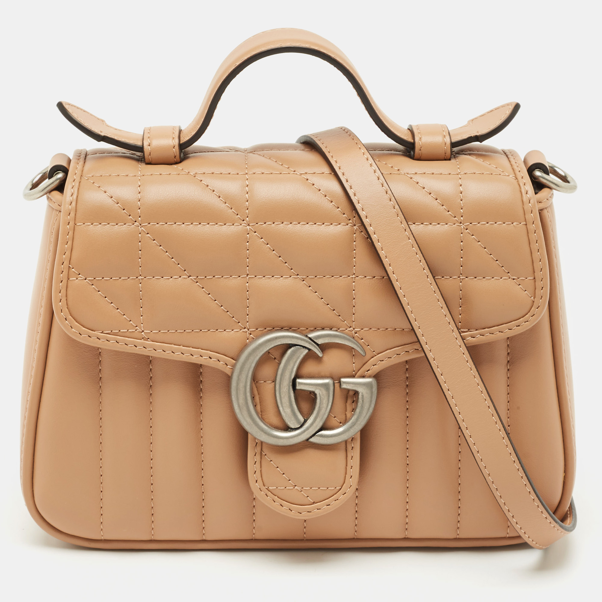 Gucci Beige Matelassé Aria Leather Mini GG Marmont Top Handle Bag