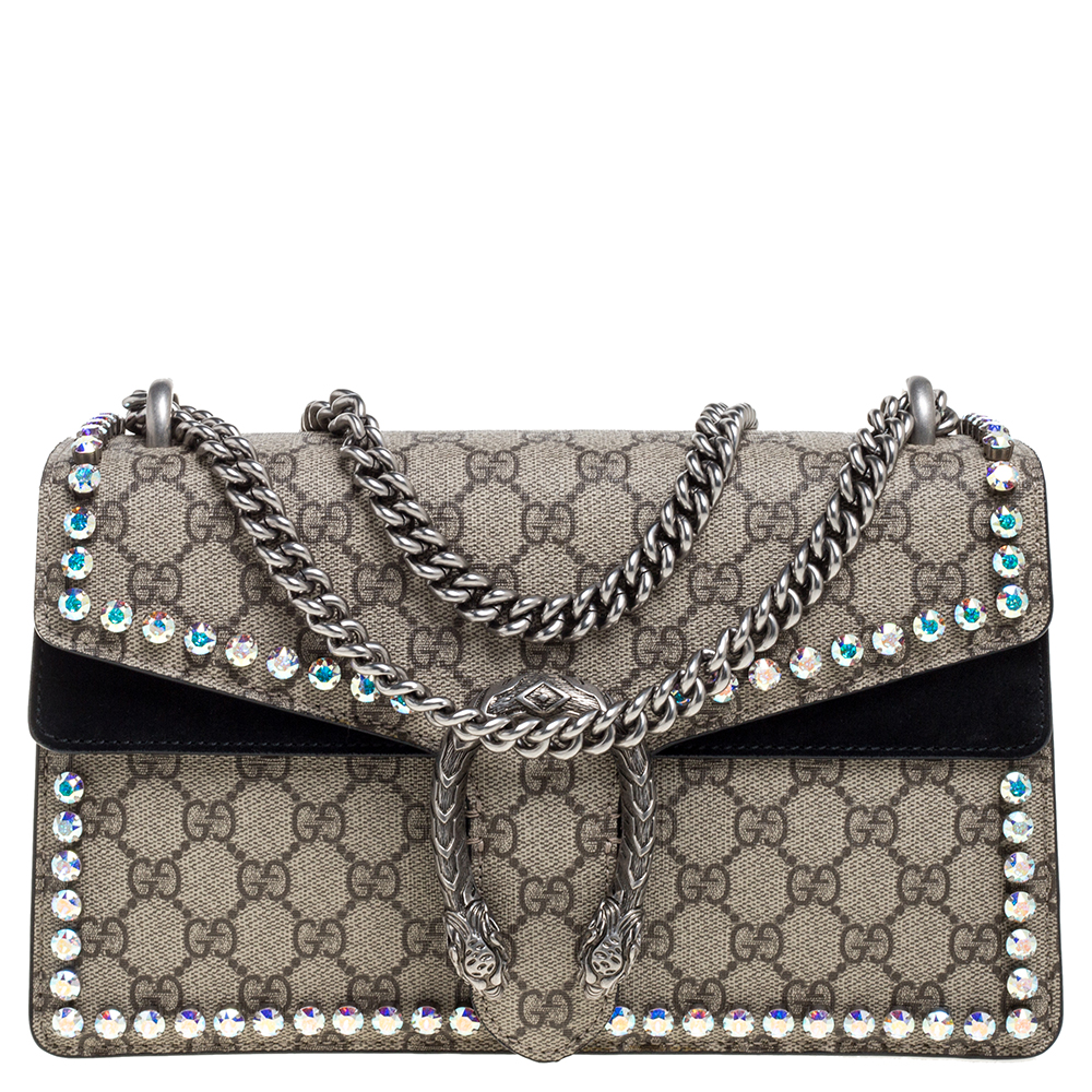 Image of Gucci Beige/Black GG Supreme Canvas and Suede Small Dionysus Crystal Embellished Shoulder Bag