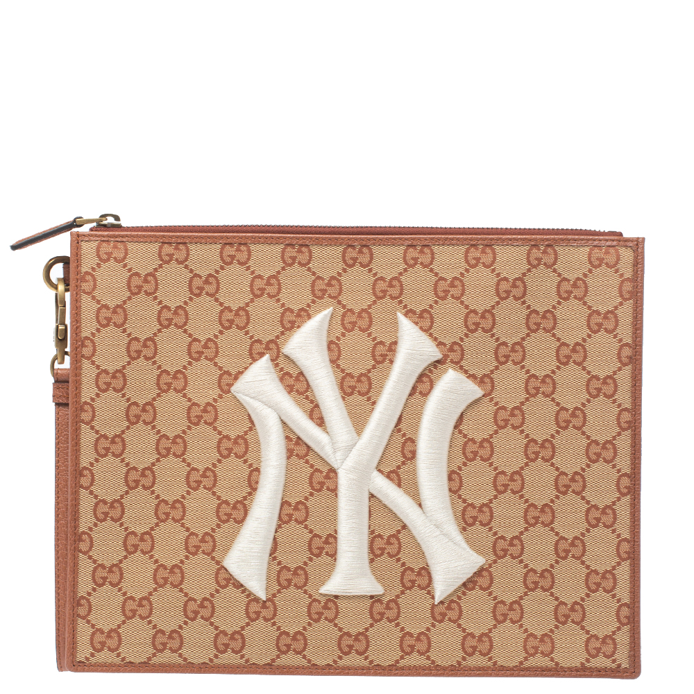 Gucci Beige/Brown GG Canvas and Leather New York Yankees Patch Pouch female