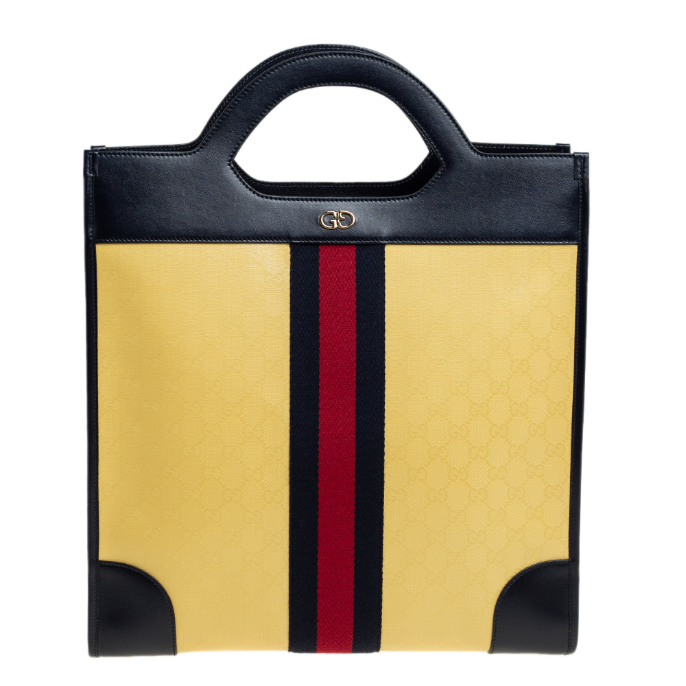 Gucci Yellow/Navy Blue Leather GG Crystal Canvas and Leather Medium Ophidia Tote
