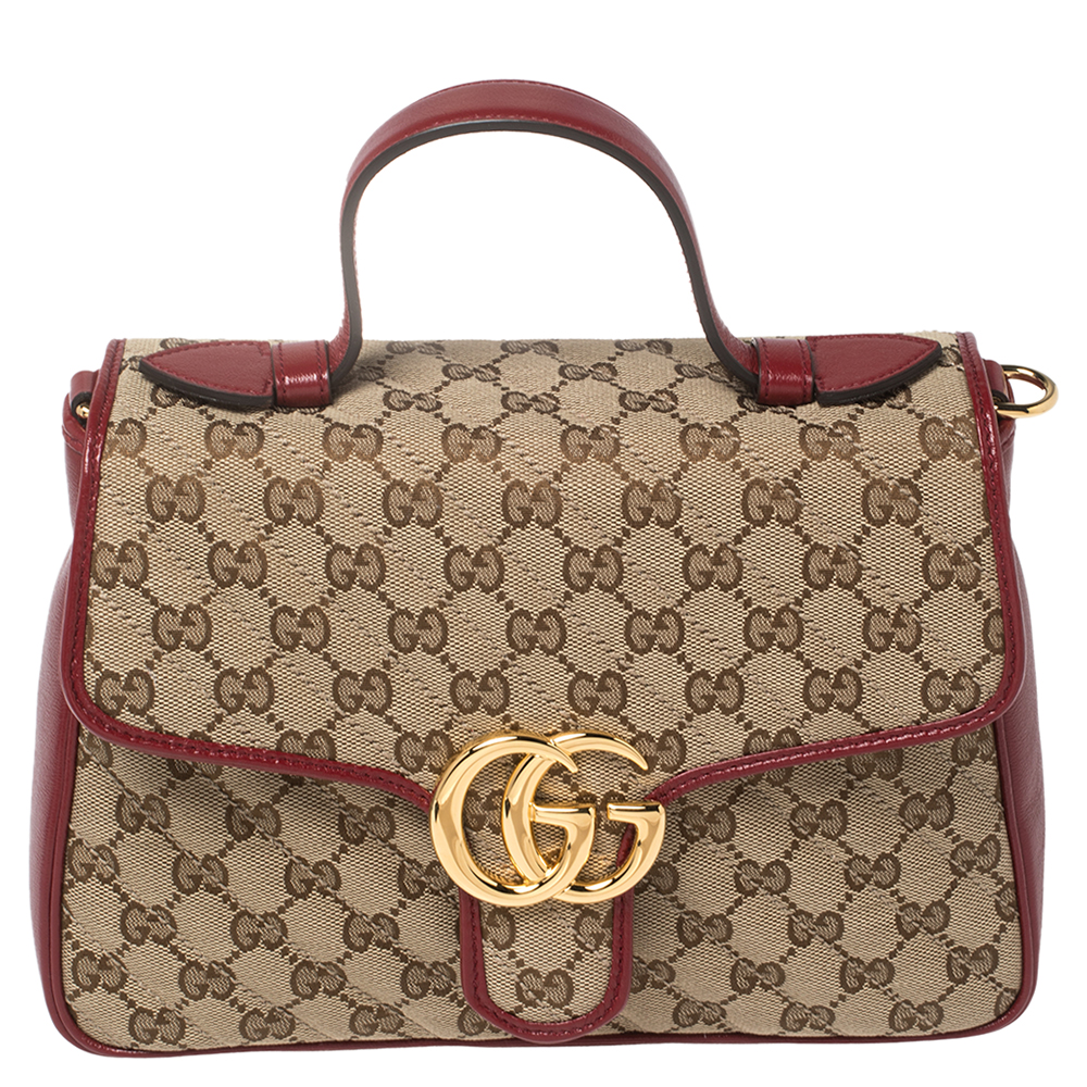 Gucci Red/Beige GG Canvas and Leather Small GG Marmont Top Handle Bag
